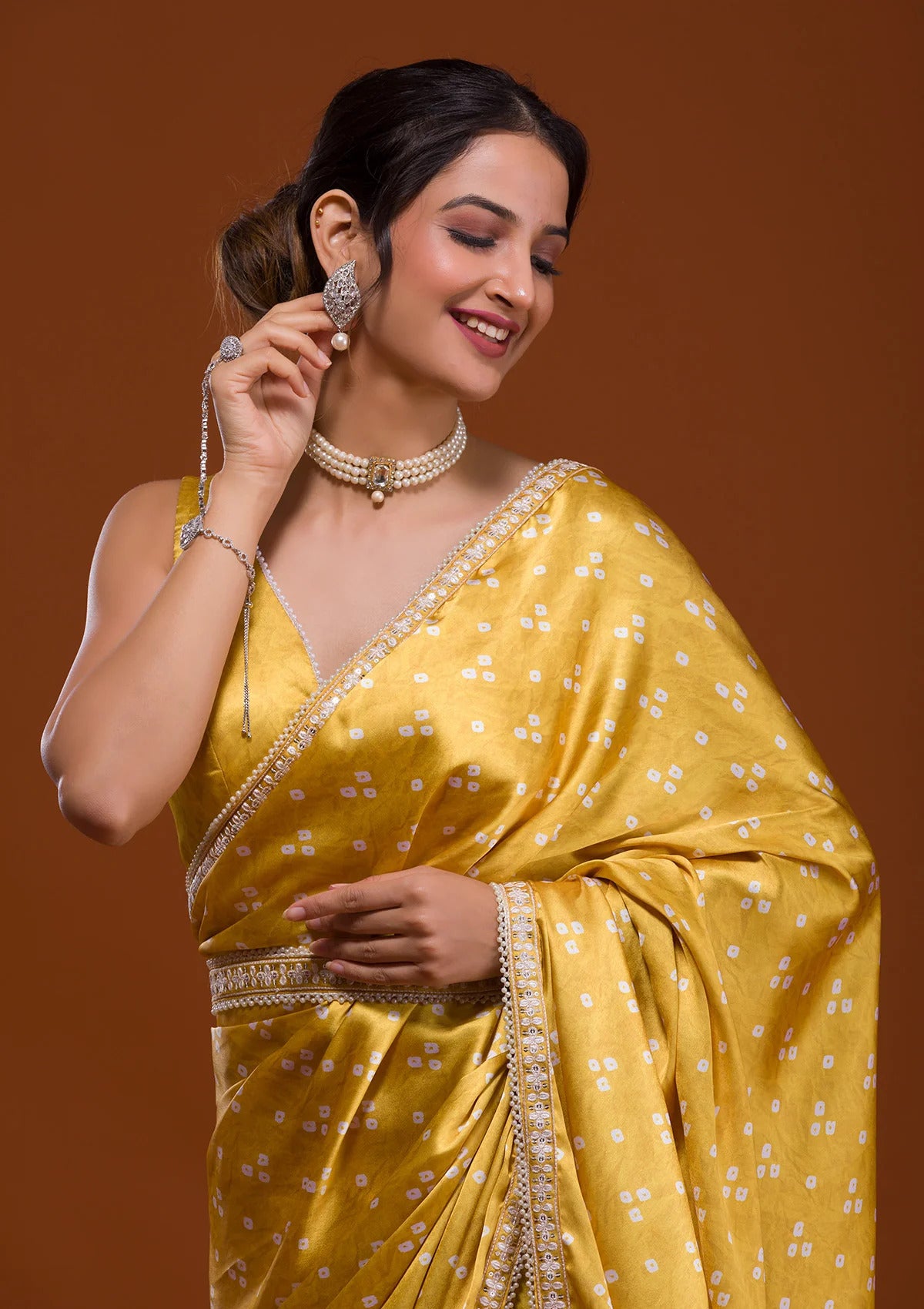 White Roses on Haldi Yellow Organza Saree – Picchika