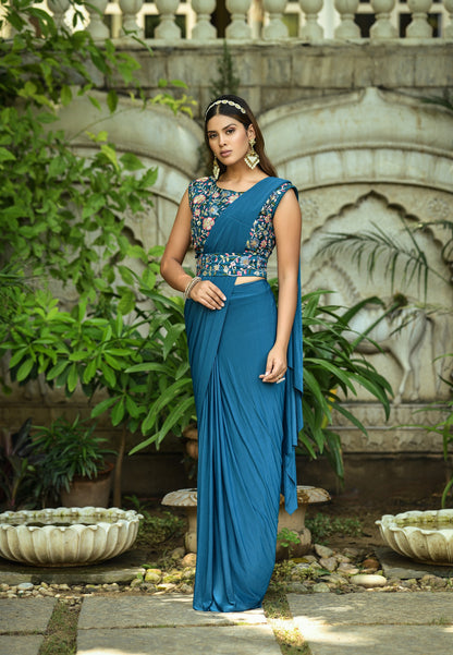 Petrol Color Embroidered With Fancy Silk Designer Saree - Joshindia