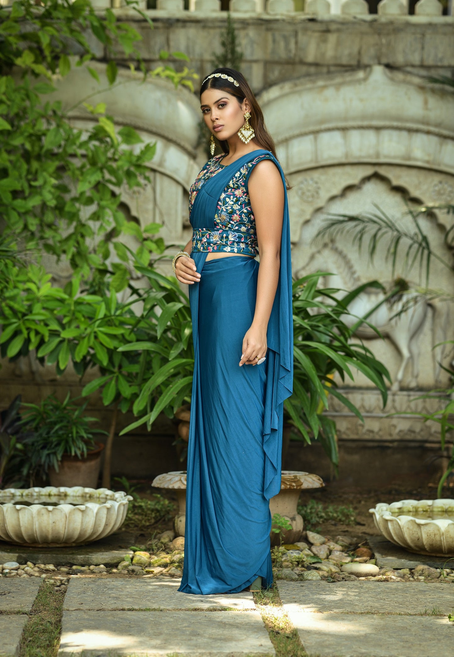 Petrol Color Embroidered With Fancy Silk Designer Saree - Joshindia