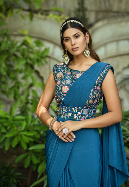 Petrol Color Embroidered With Fancy Silk Designer Saree - Joshindia