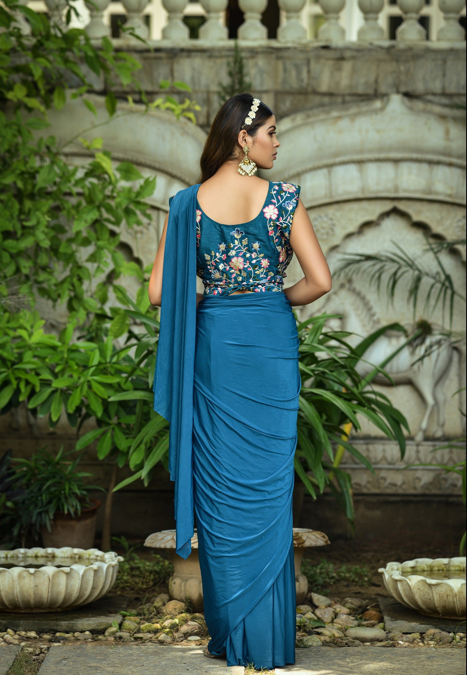 Petrol Color Embroidered With Fancy Silk Designer Saree - Joshindia