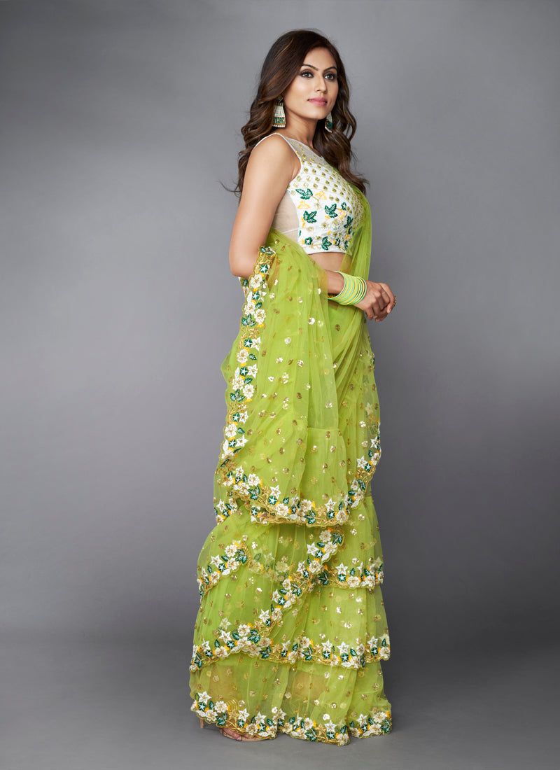 Beautiful Green color soft net ruffle saree for wedding - Joshindia