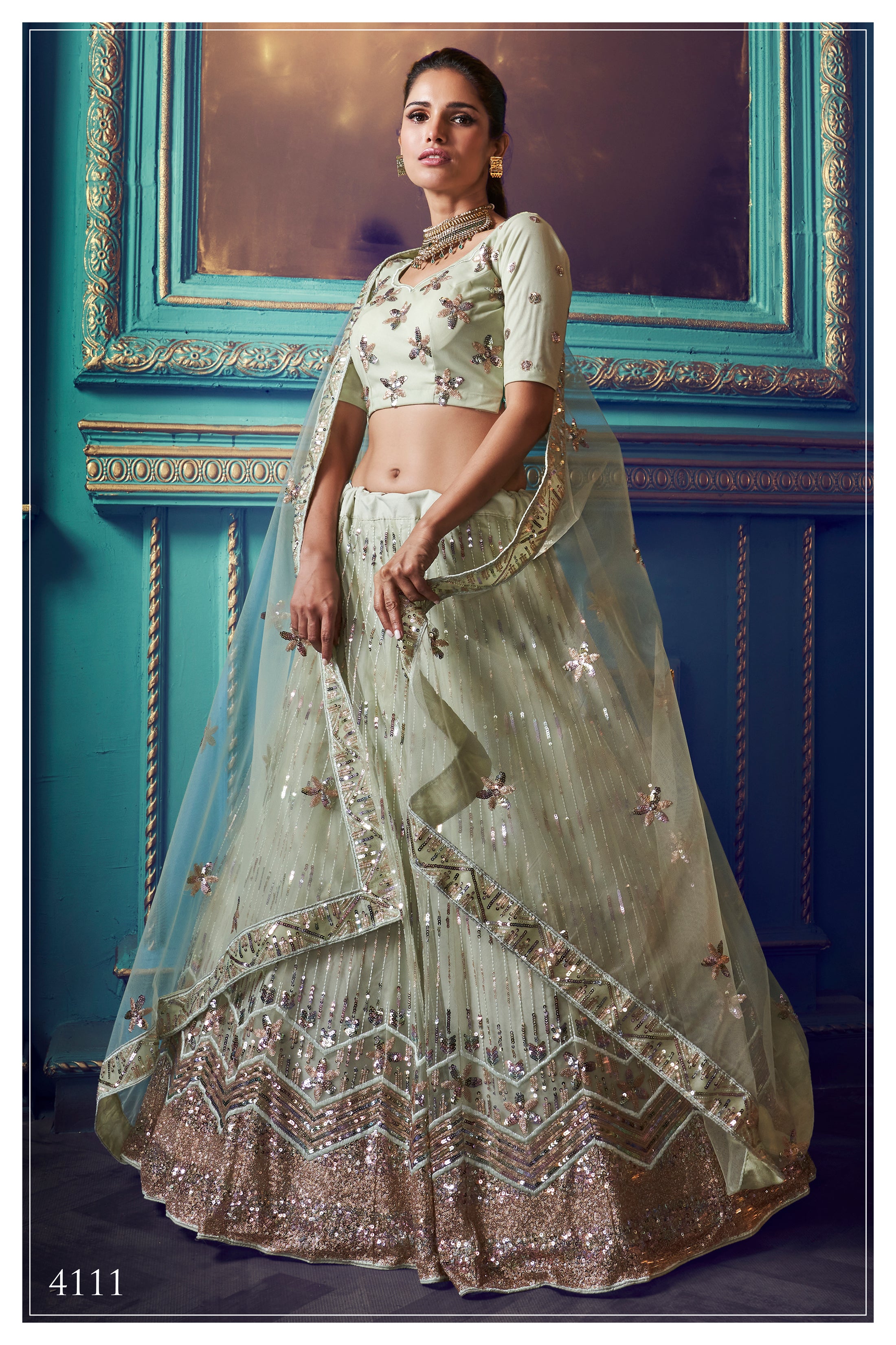 Buy Turquoise Blue & Peach-Coloured Embroidered Semi-Stitched Myntra Lehenga  & Unstitched Blouse with Dupatta Online from EthnicPlus for ₹2799