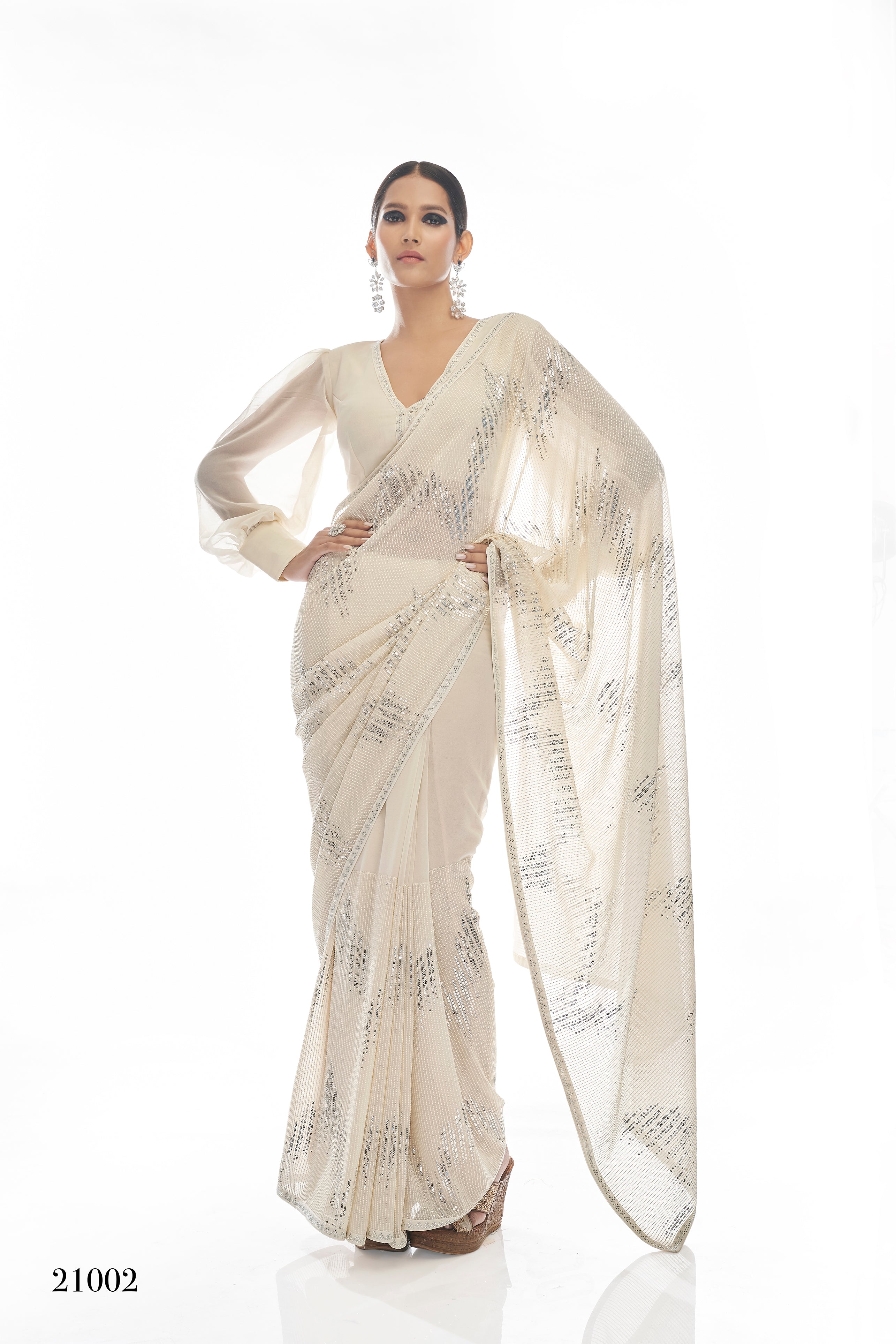 Ivory Sequins Georgette Embroidered Draped Lehenga Saree Set Design by  Nidhika Shekhar at Pernia's Pop Up Shop 2024