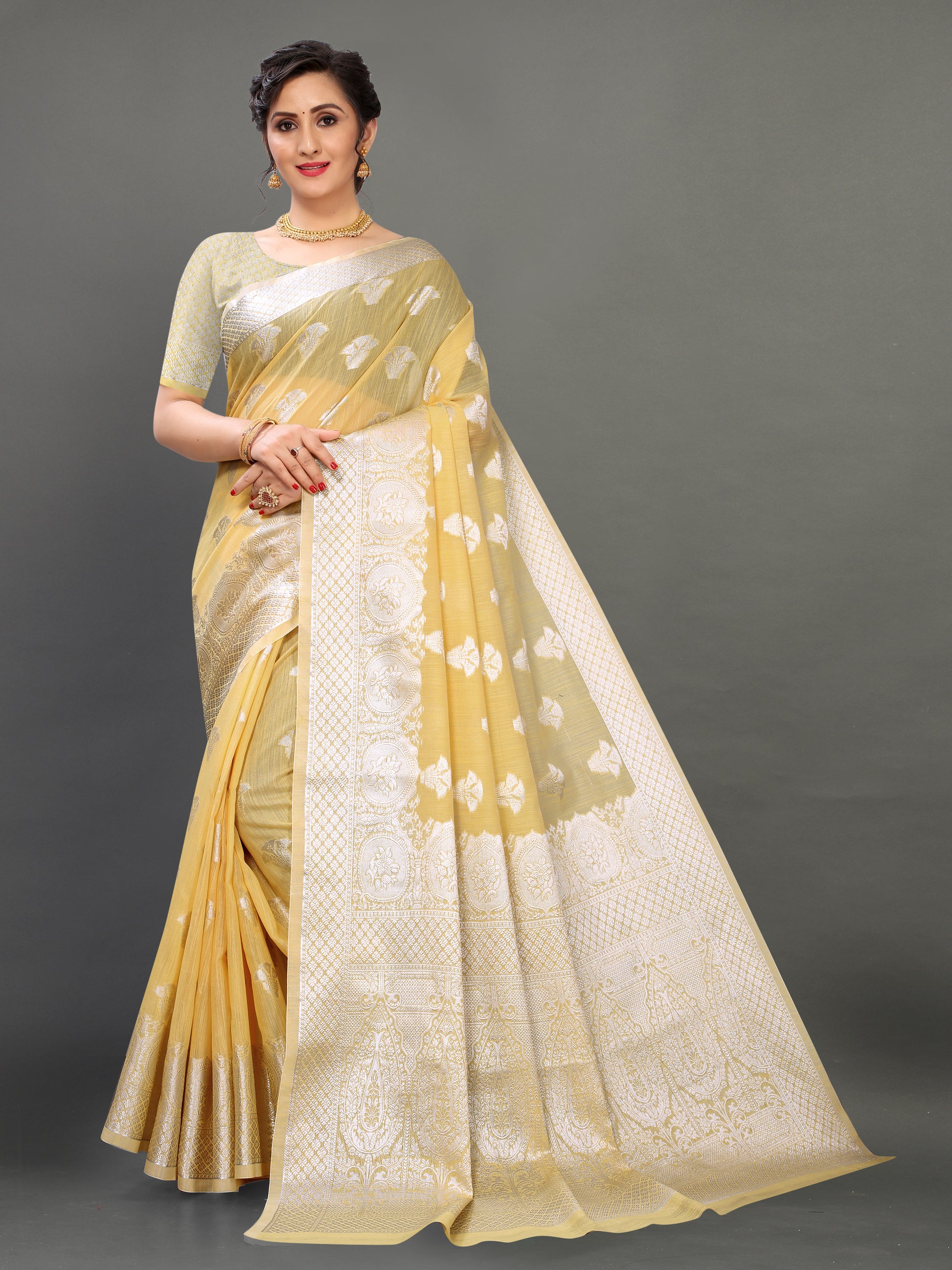 Yellow color banarasi silk saree - Joshindia