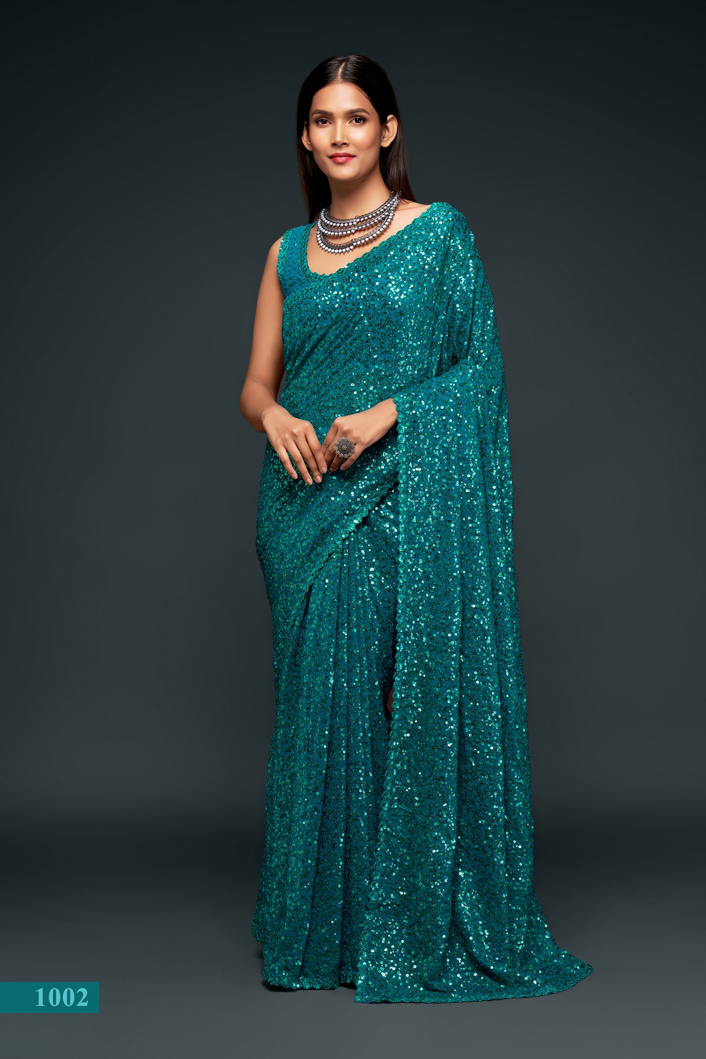 Buy Bottle Green Sequins Georgette Designer Saree - Koskii