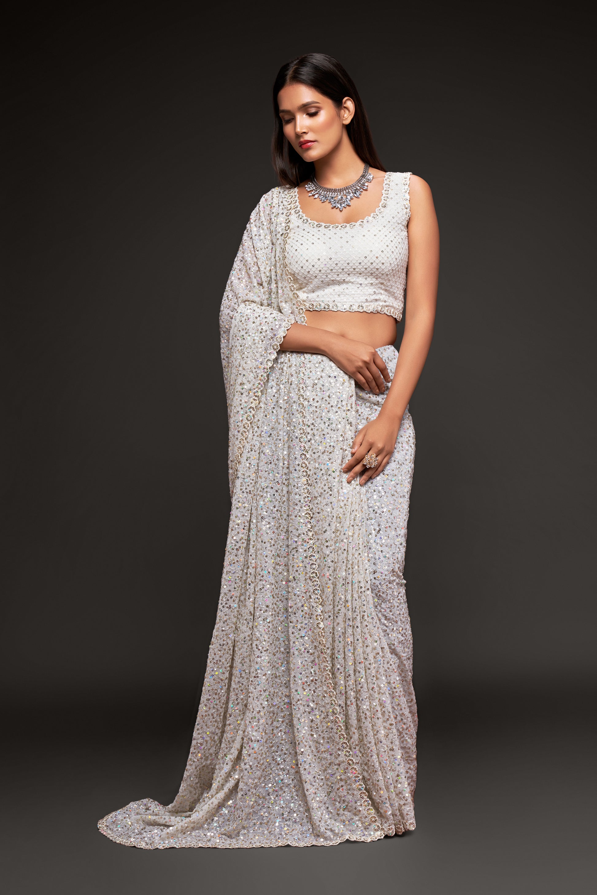 White designer sequin saree for wedding and reception - Joshindia