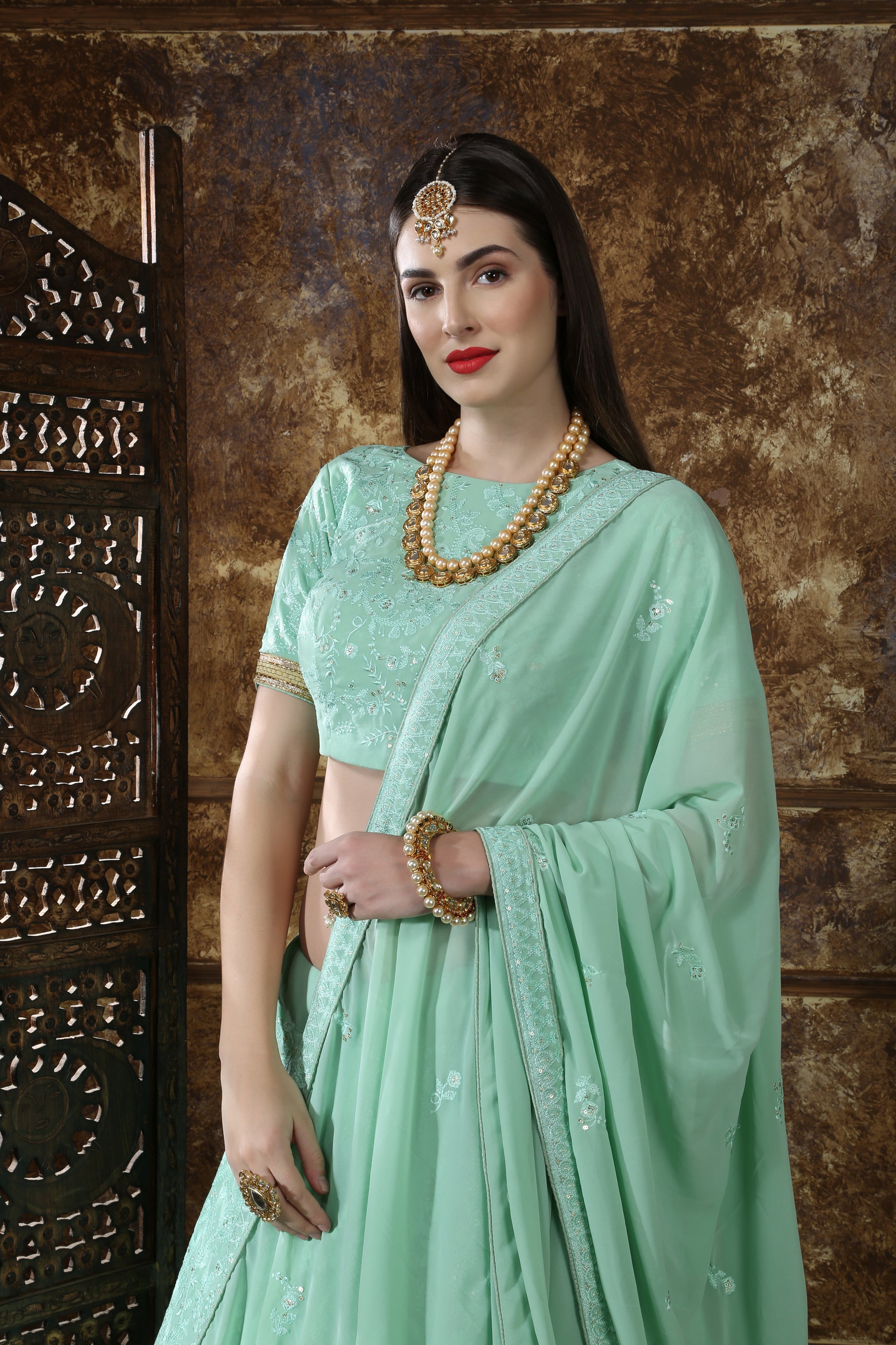 Green Color Embellished Designer Lehenga Choli - Rent