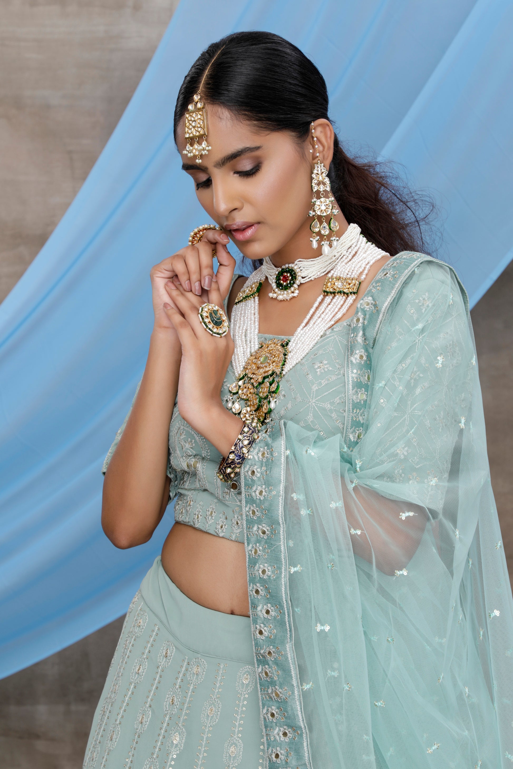 Dusty green color mirror work lehenga choli buy online - Joshindia