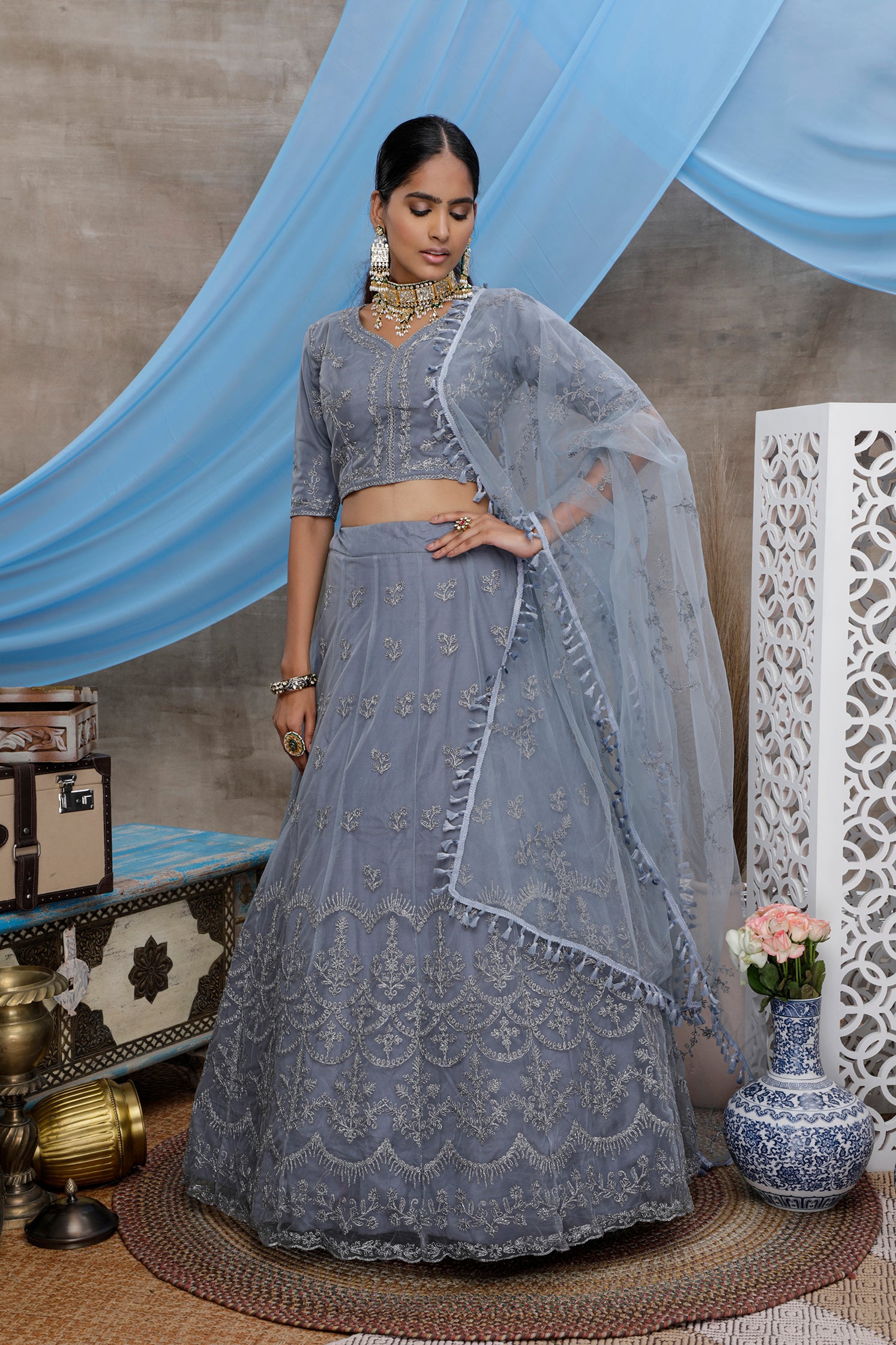 Party Wear Banglori Silk Designer Grey Colour Lehenga at Rs 2199 in Surat