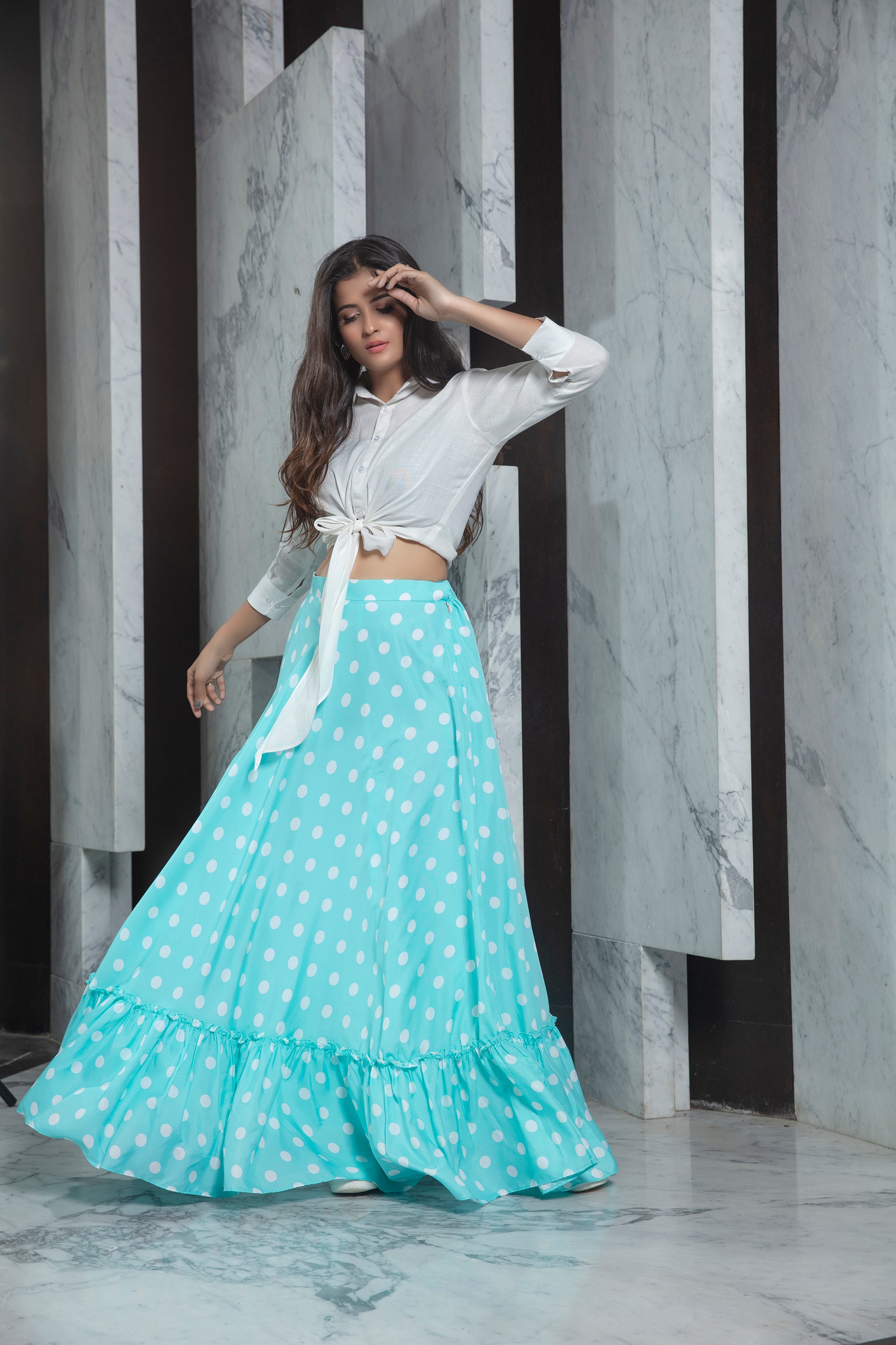 white and sky blue color digital lehenga choli - Joshindia