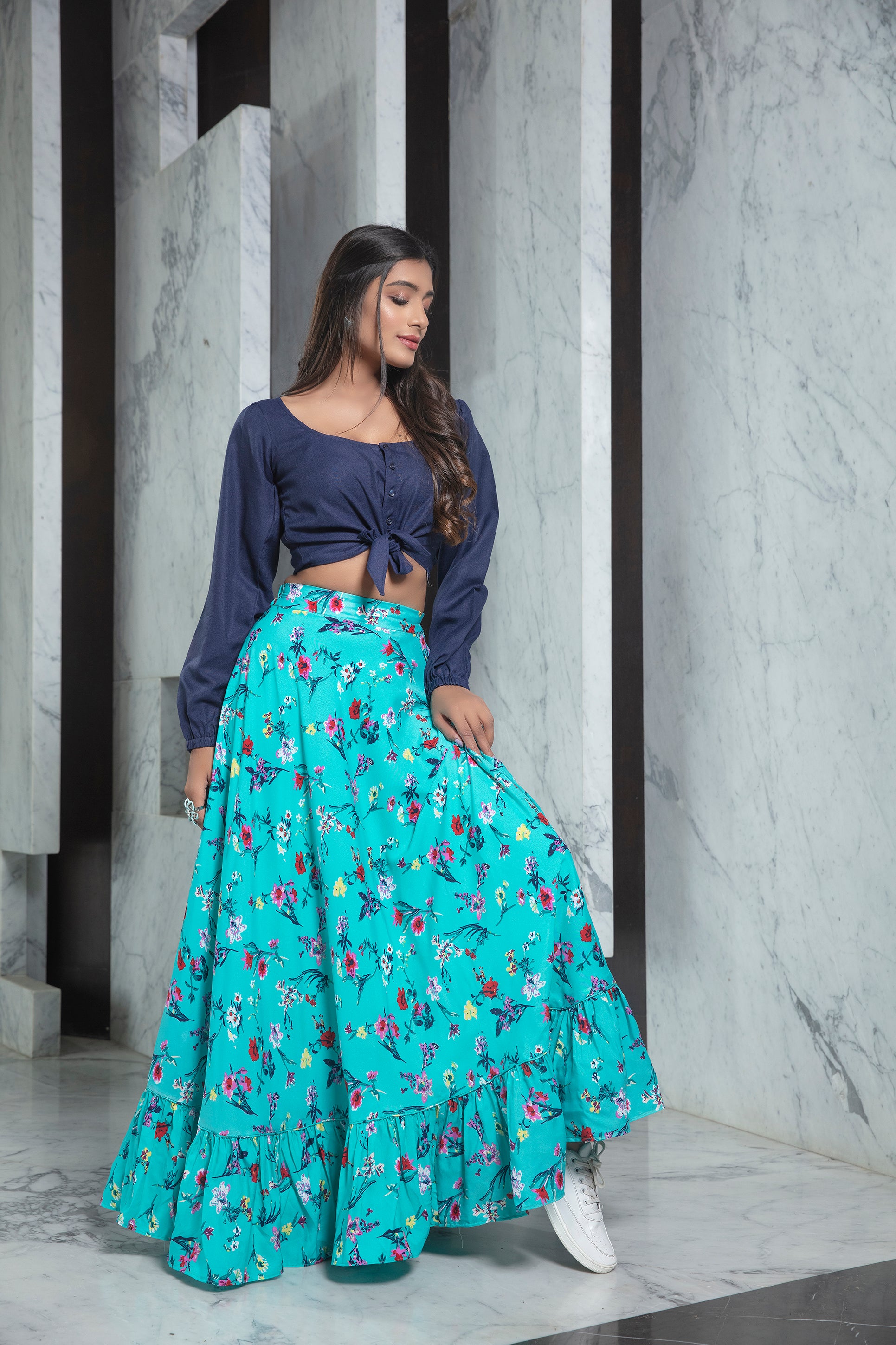 rama sky and navy blue color digital lehenga choli - Joshindia