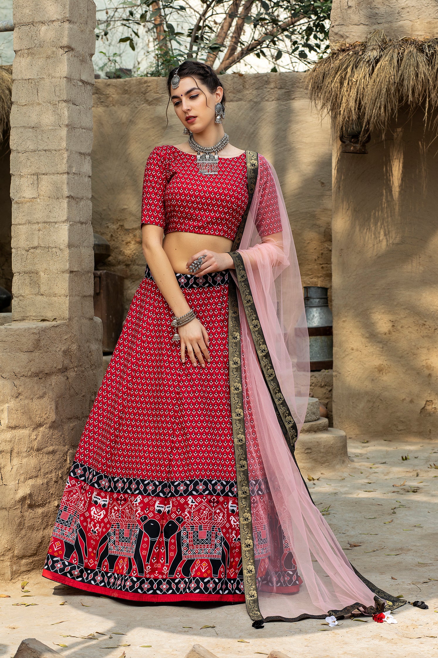 Cherry Red Printed & Embroidered Concept Lehenga Set – Ivory by Dipika