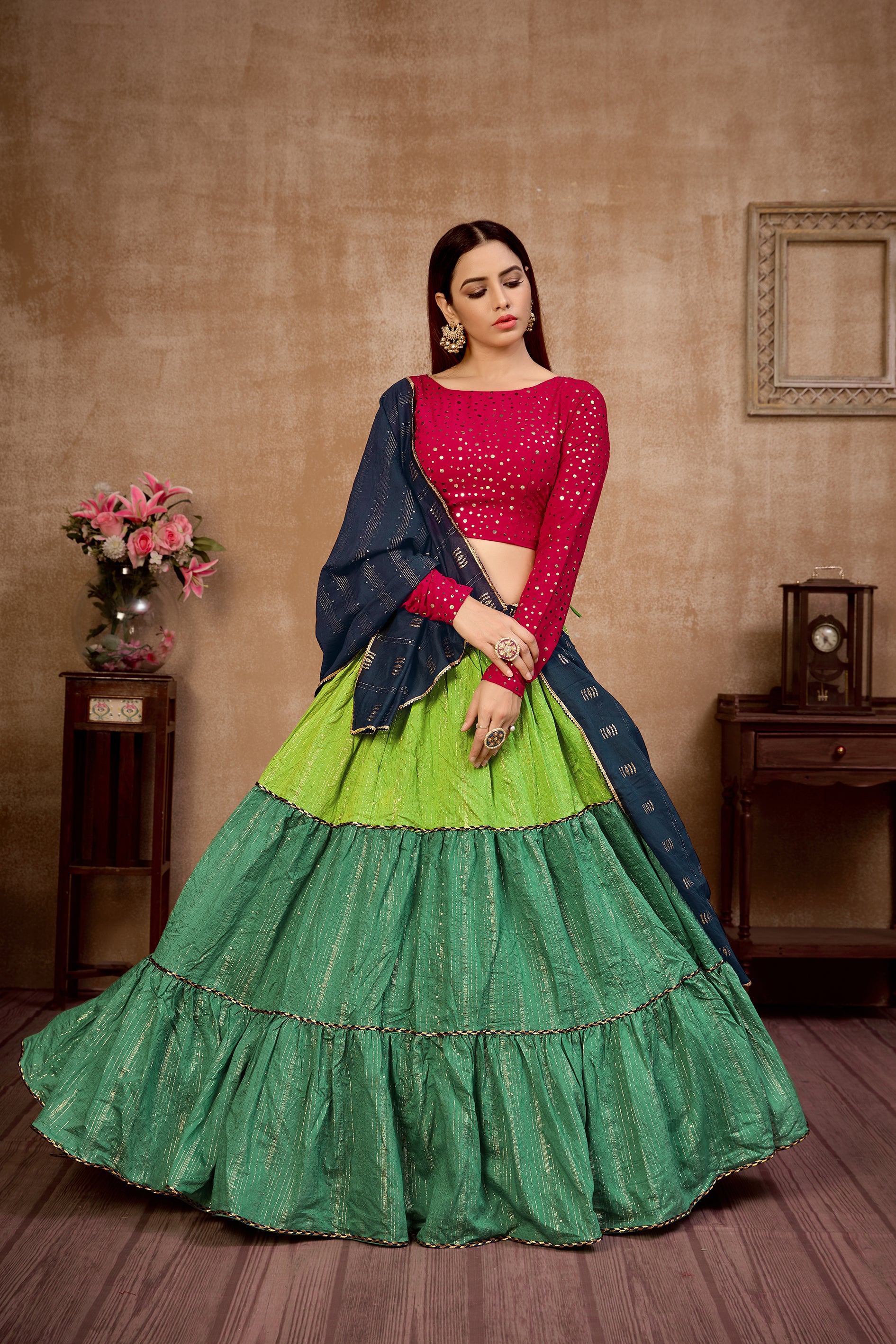 Hanging Style Ruffle Lehenga And Handwork Crop top With Ruffle Dupatta –  Akashi designer studio