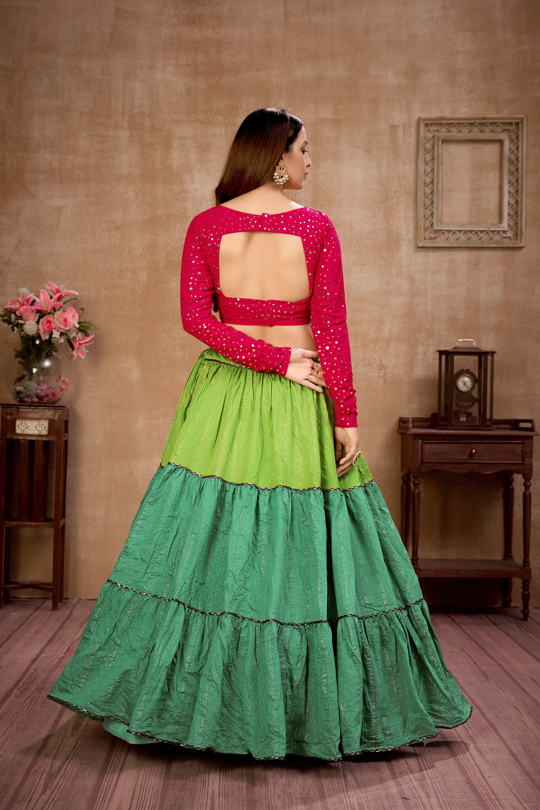 Green color designer ruffle look lehenga for stylish appearance – Joshindia