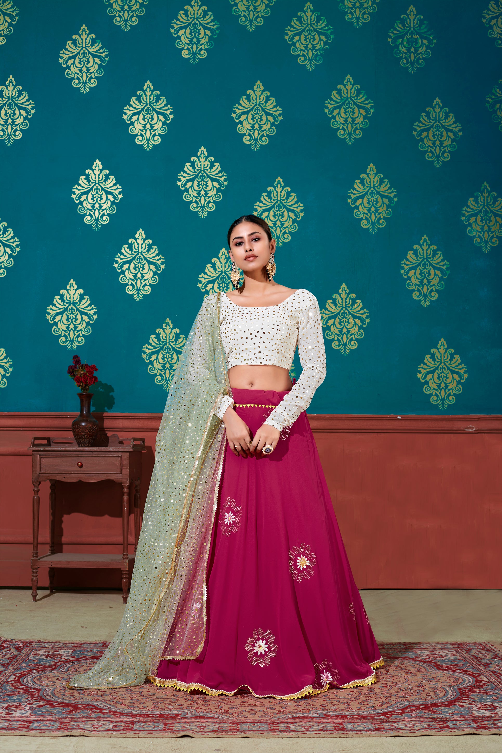 Buy Redefined Green and Yellow Georgette Embroidered Lehenga Choli | Buy  online at Inddus.com. | Designer lehenga choli, Lehenga choli, Party wear  lehenga