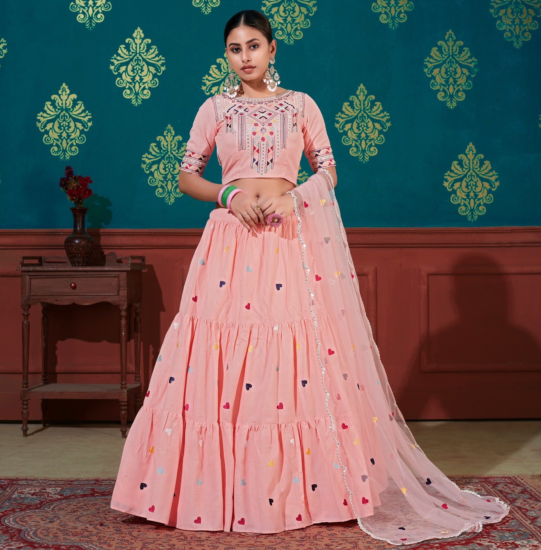 Leaf green lehenga, blouse with pink organza dupatta – Seharre by Sahithee  Reddy