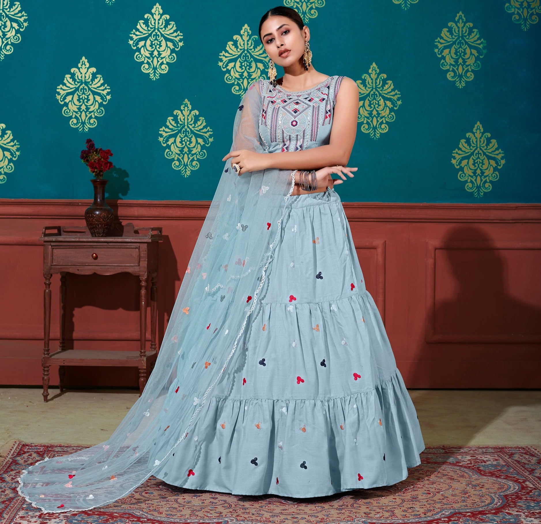 New Arrival Indian Lehenga in Teal Green Embroidered Fabric LLCV111907