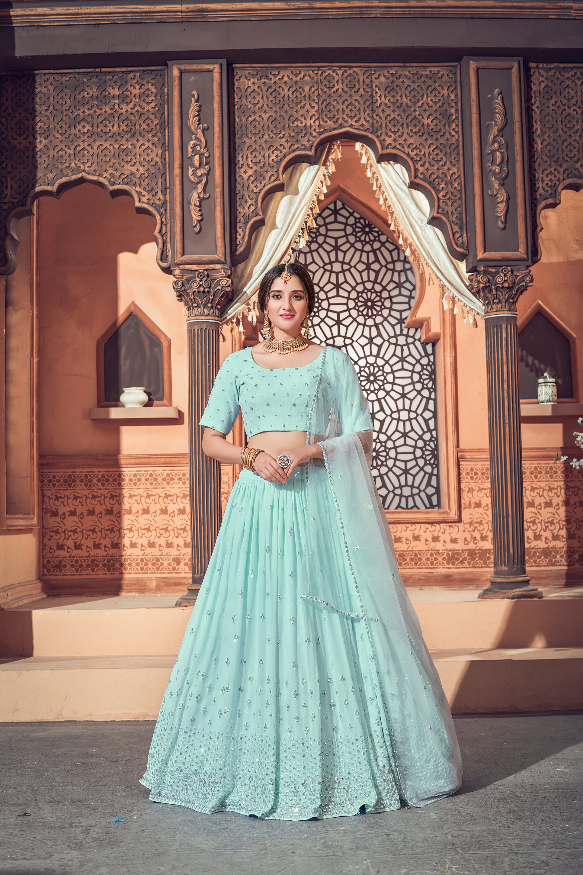 Sky Blue Velvet Engagement Lehengas Online | Bagtesh Fashion