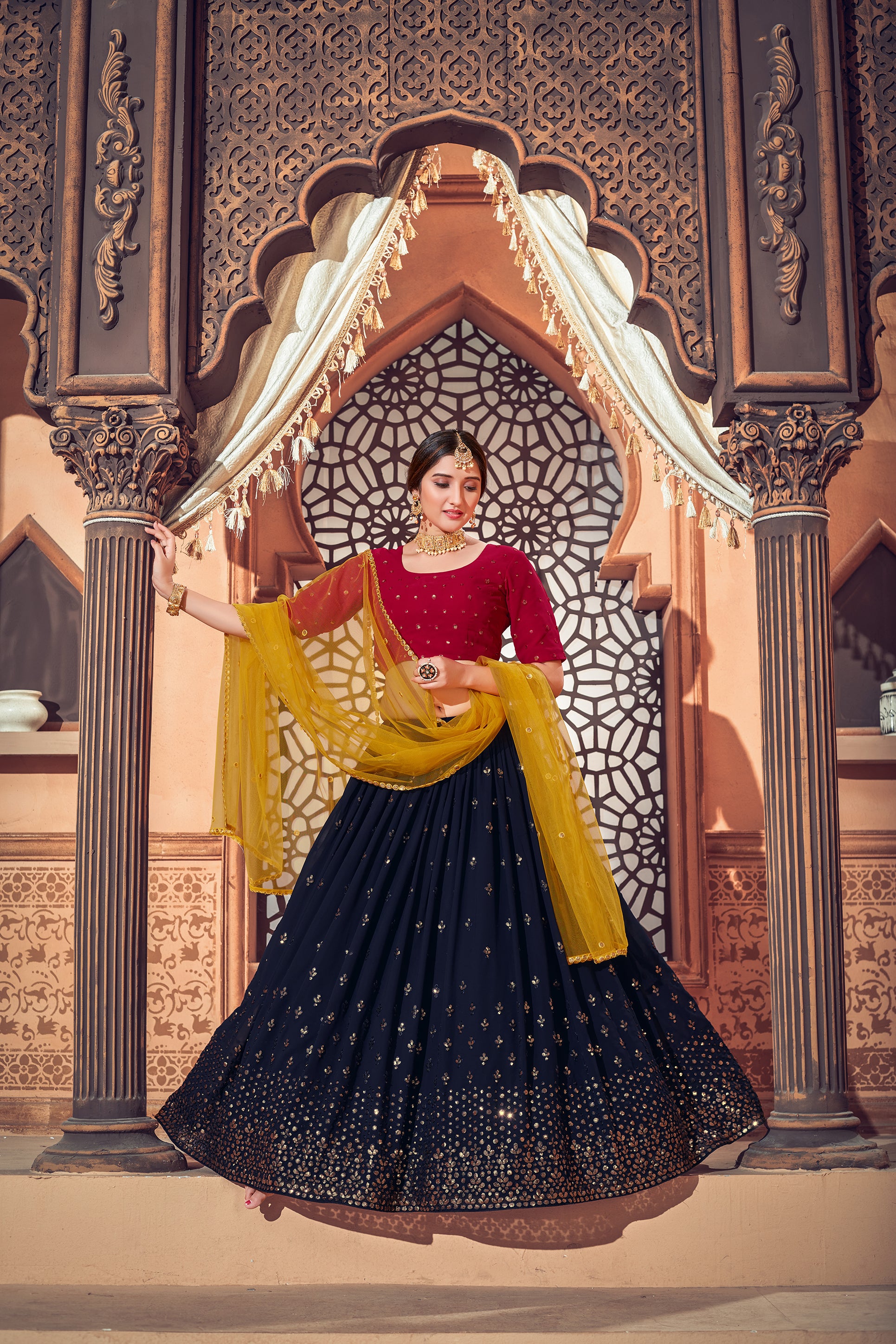 Buy HALFSAREE STUDIO Women Cream and Navy Blue Solid Banarasi Silk and Net  Lehenga with Blouse and Dupatta Online at Best Prices in India - JioMart.