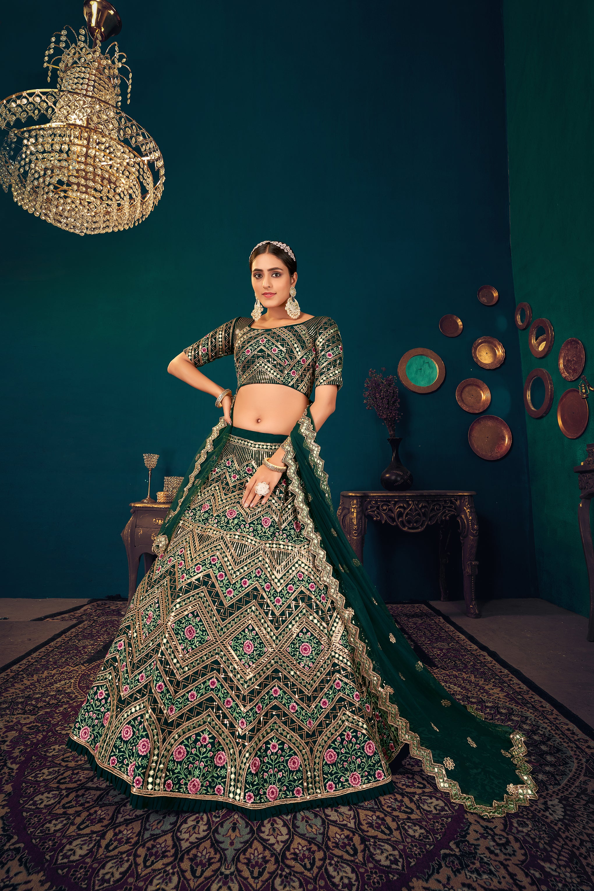 Embroidered Velvet Bridal Lehenga with Double Chunni in Green color-81 –  Saundaryam Fashions