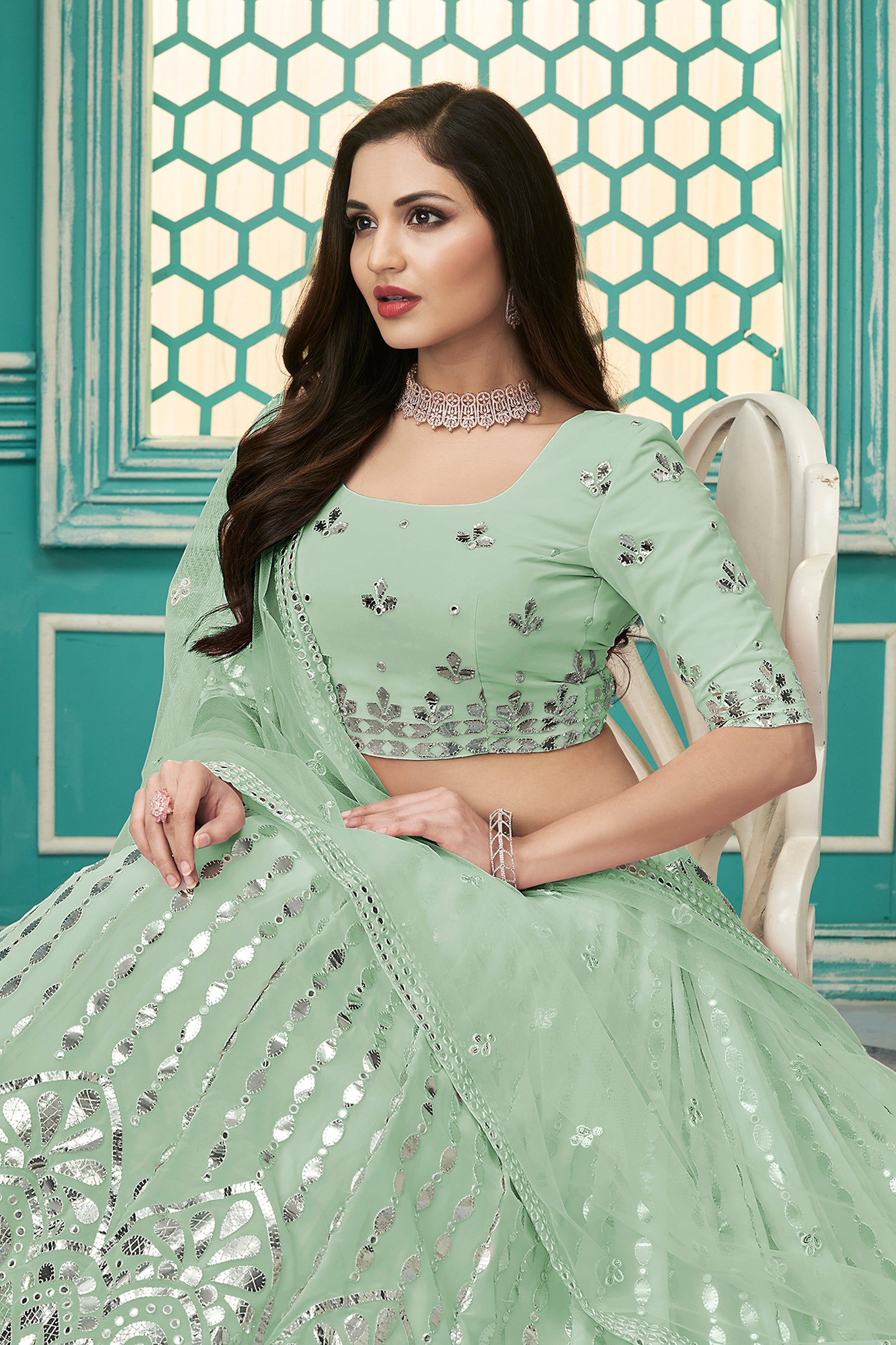 Wedding Lehenga Choli in Green Art silk with Digital print - LC6284