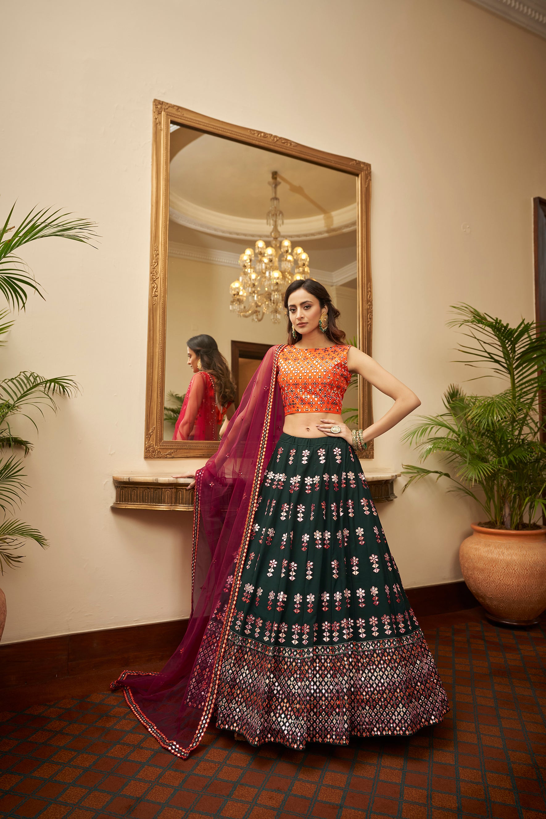 Engagement, Party Wear, Reception Green, Orange color Banarasi Silk fabric  Lehenga : 1895575