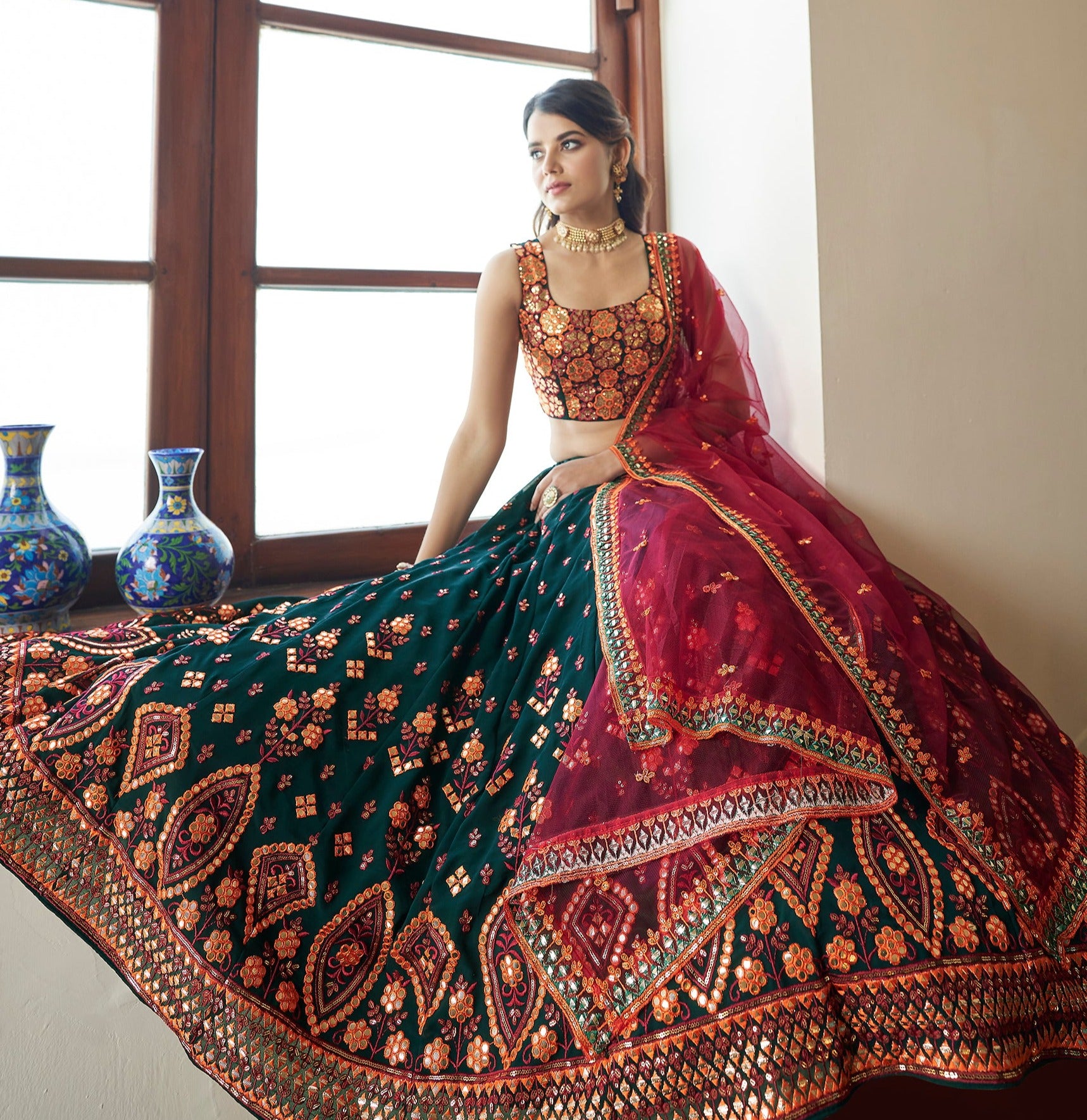 Mastani Pink & Ocean Electric Green Embroidered Lehenga Set | Siddhartha  Bansal – KYNAH