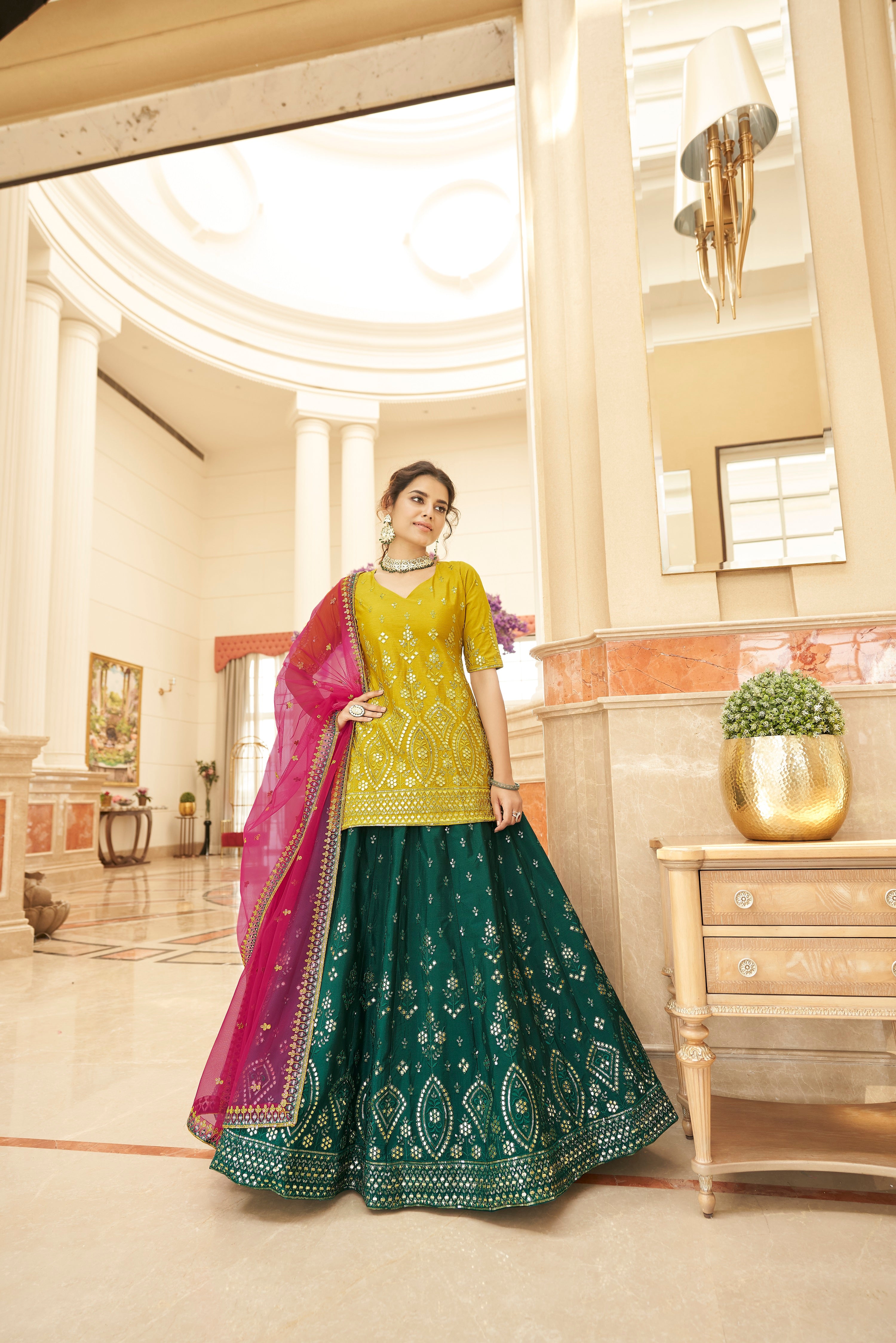 Georgette Rani Color Fancy Sequins Work Leaf Motif Lehenga with Dark-Green  Choli and Viscose Cotton Yellow Dupatta | Exotic India Art