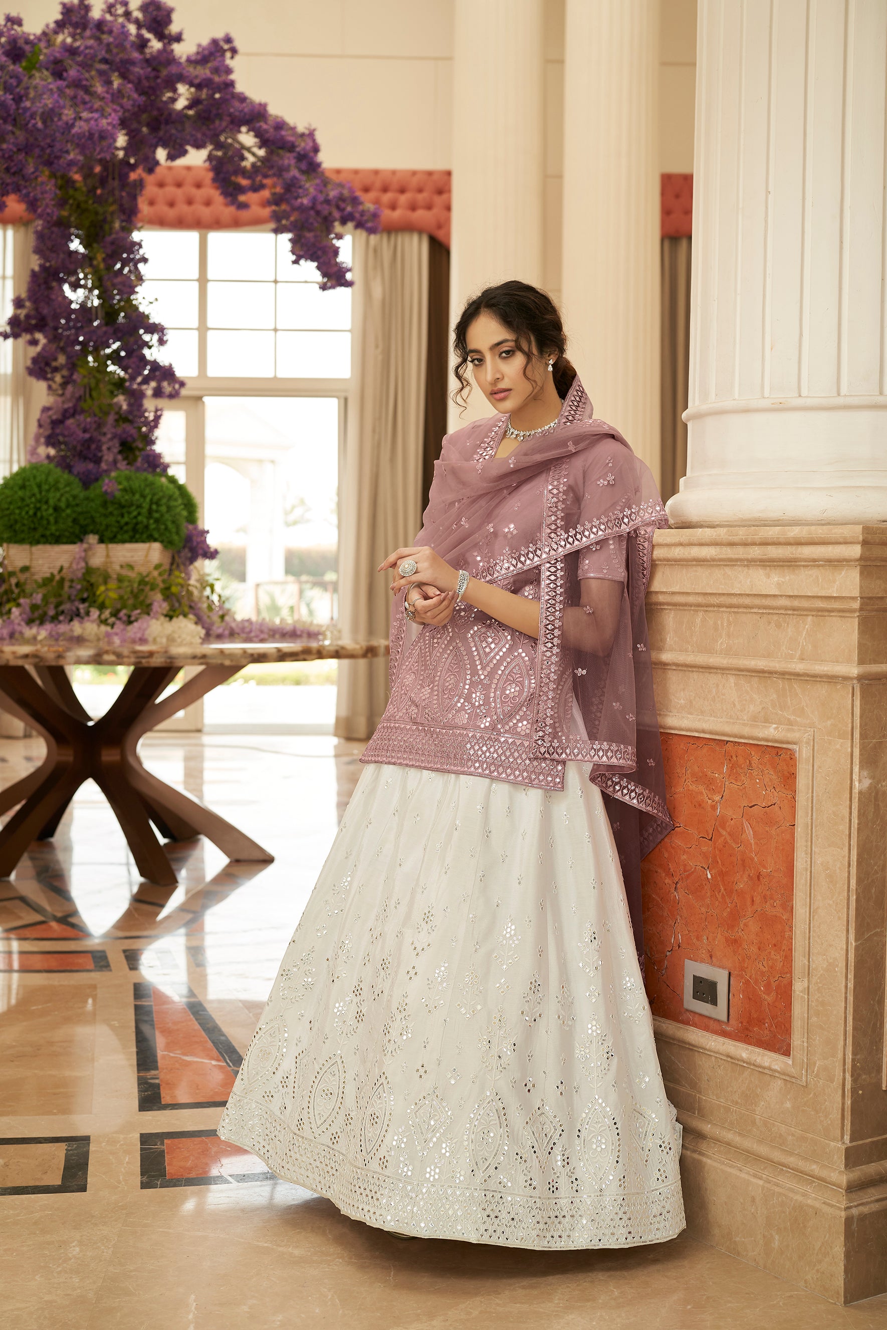 Rani & White lehenga choli with Bandhni dupatta- TRILOGNA