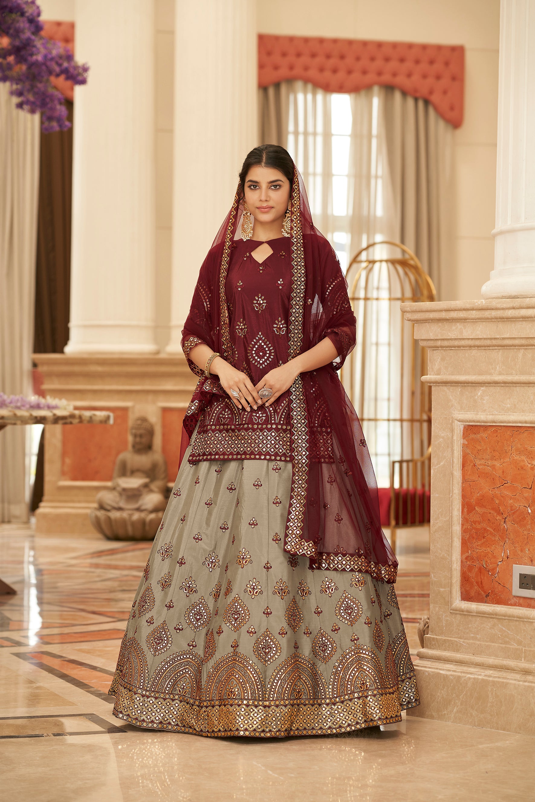 Buy Maroon Georgette Satin V Neck Embroidered Lehenga Set For Women by  Megha & Jigar Online at Aza Fashions.