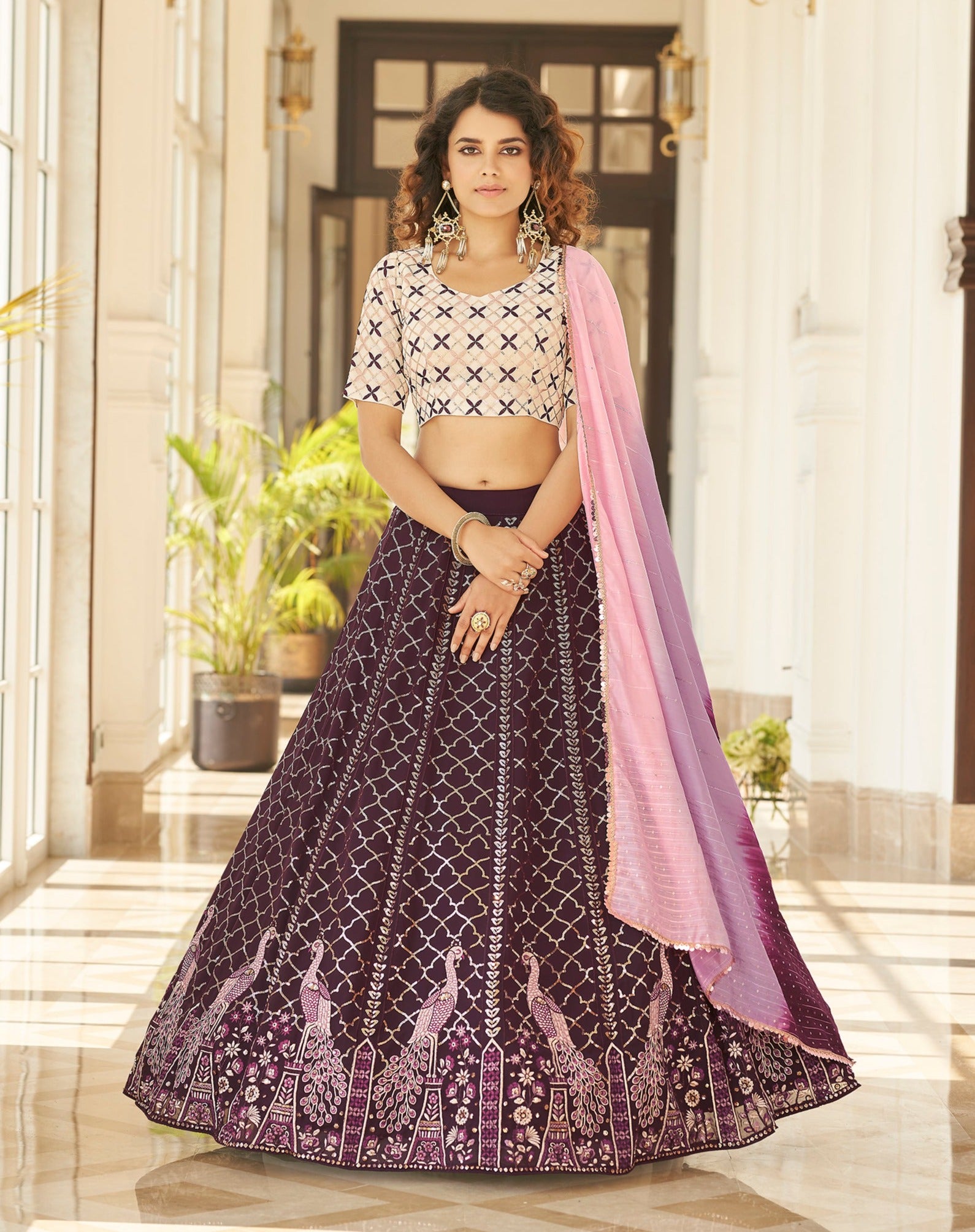 Violet Lehenga With Intricate Handwork Paired With A Pink Dupatta - QUENCH  A THIRST - 3951722