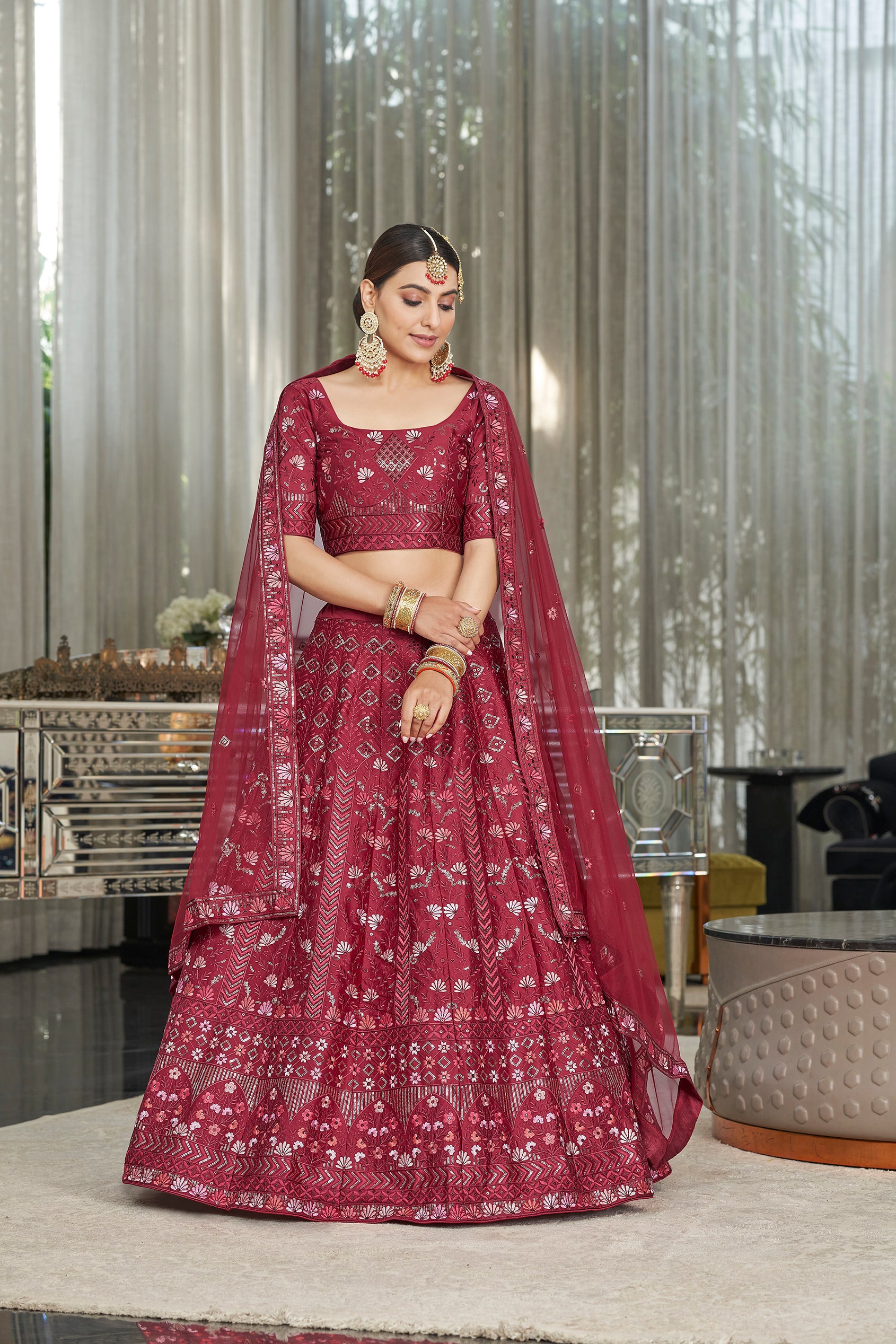 Buy NECWA Semi Stitched Dulhan Bridal Wedding Heavy Designer Heavy  Embroidery Work Lehenga Choli Set | Maroon Colour at Amazon.in