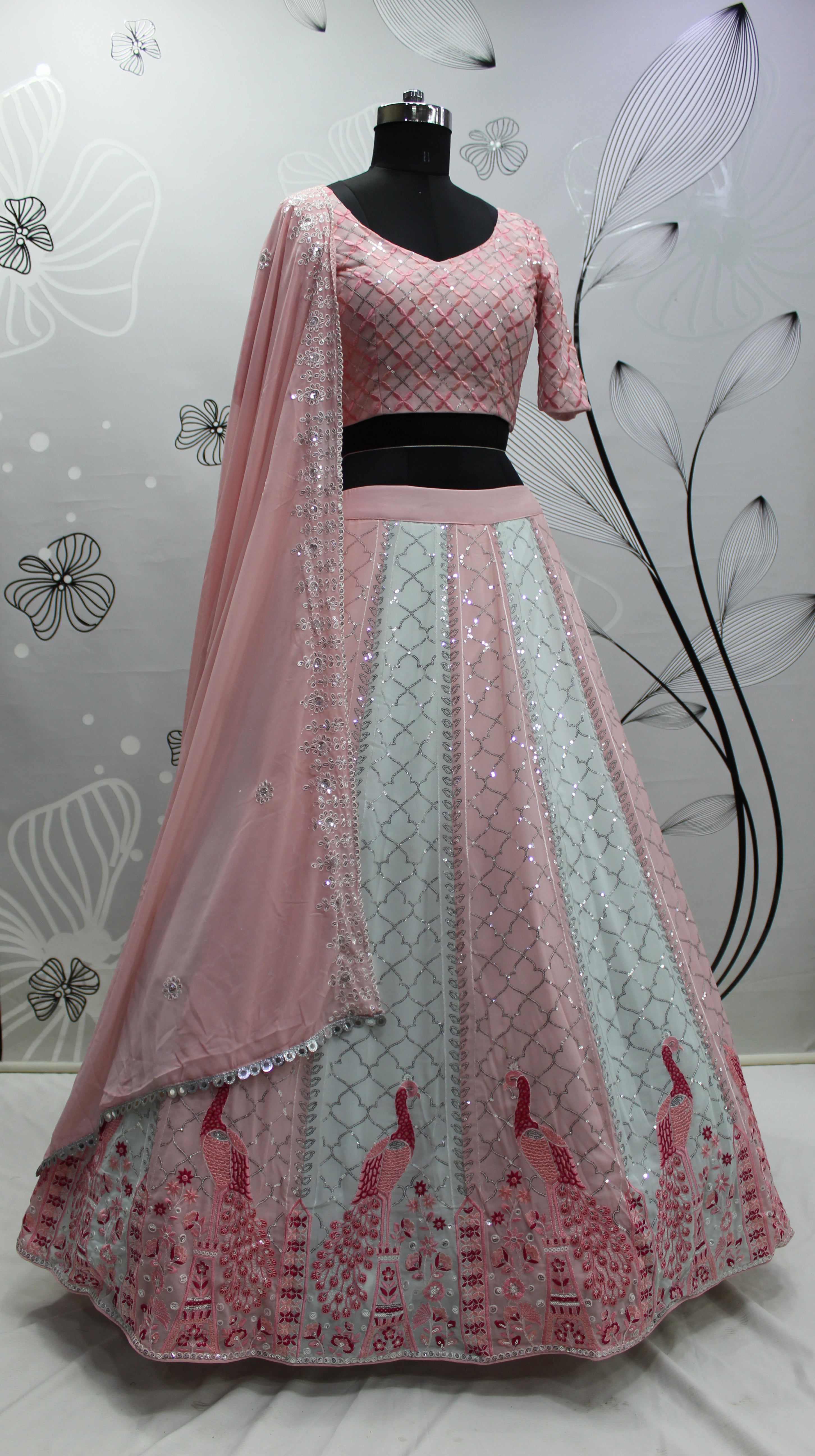 Woven Zari Banarasi silk lehenga choli in Grey and Pink