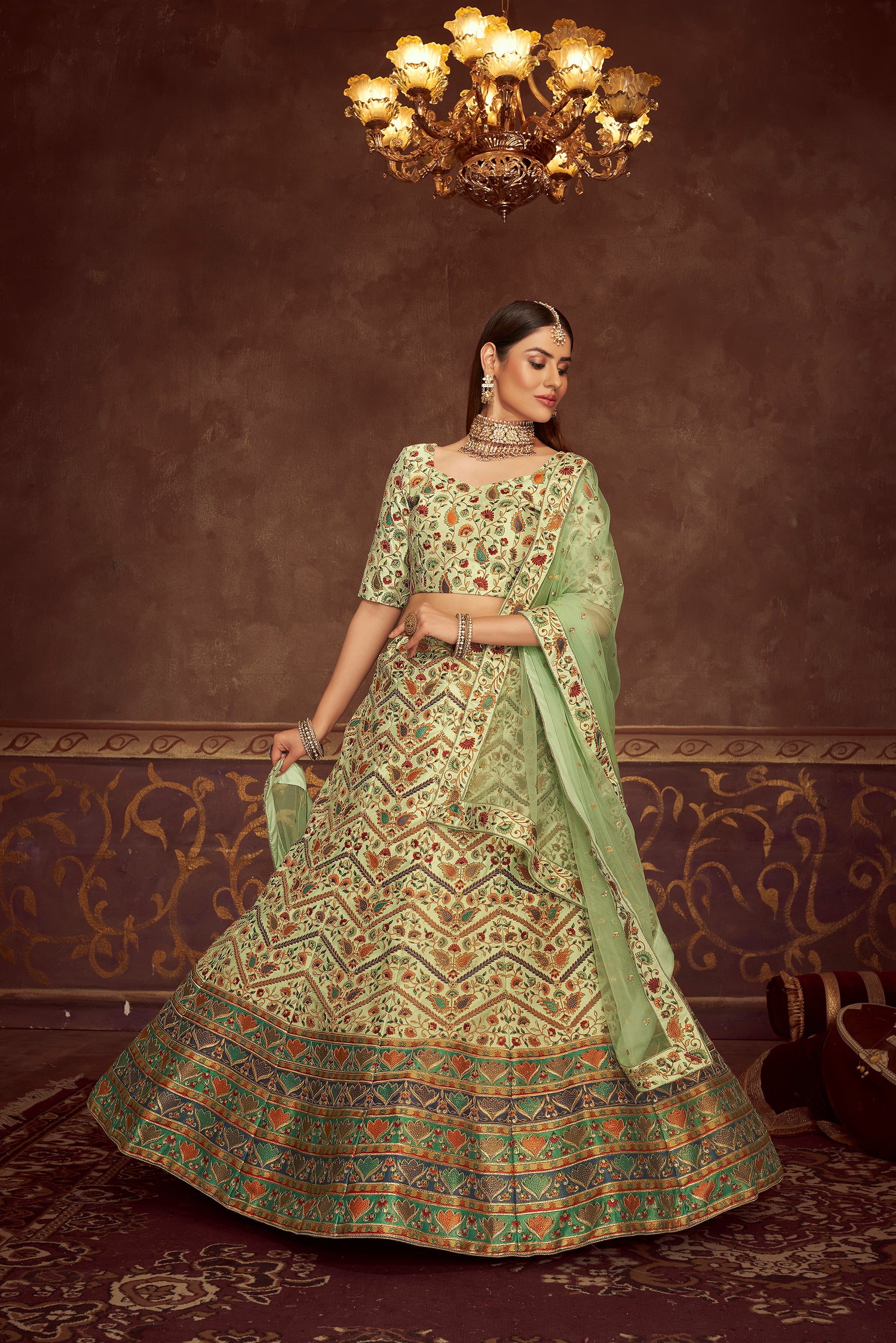 Buy AjFab Pista Green Vruti Women's Embroidered Net wedding party festival  ceremony wear Semi Stitched Lehenga Choli with Dupatta Free Size Online at  Best Prices in India - JioMart.