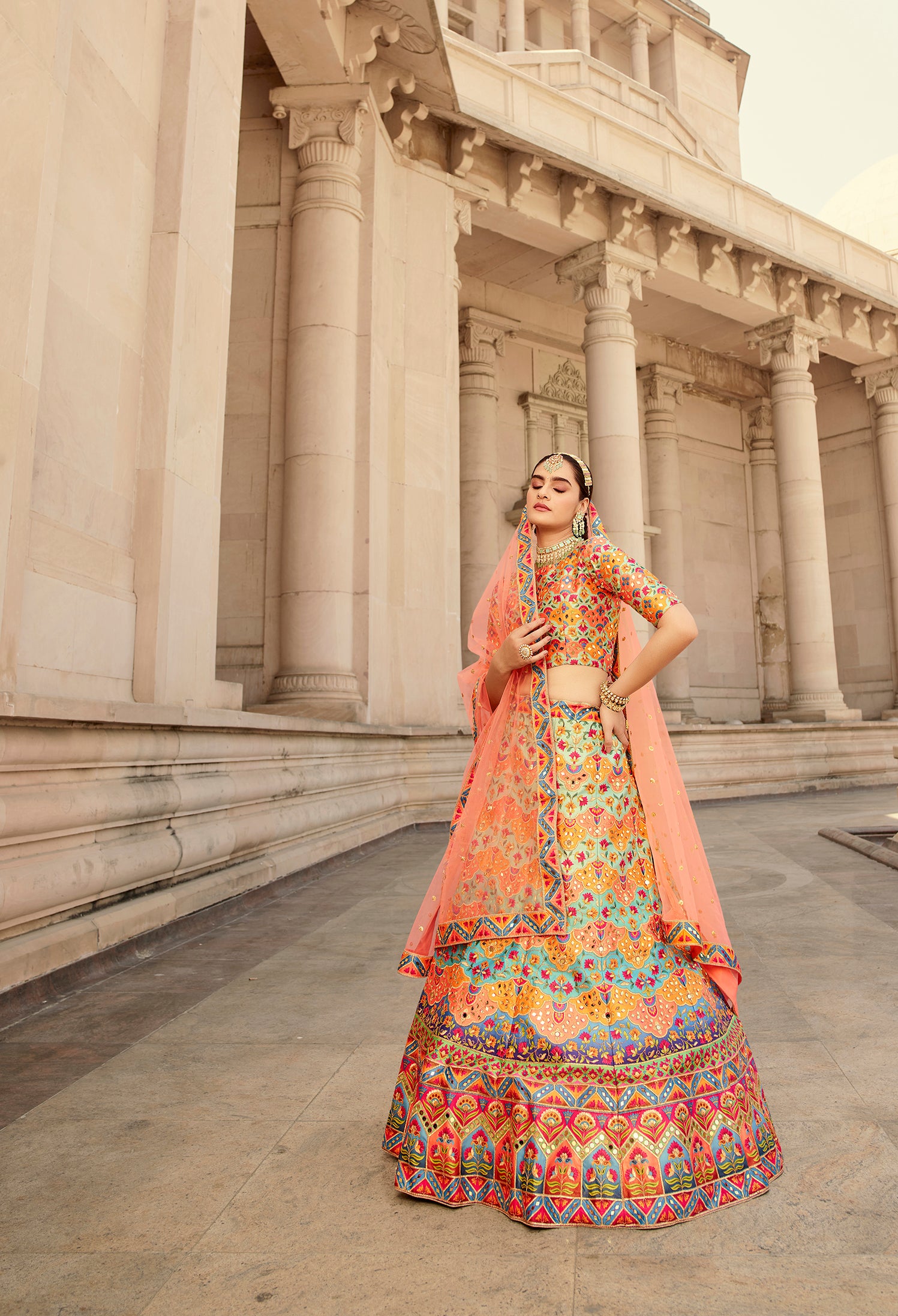 Buy Multicolor Thread Embroidered Bridal Velvet Lehenga Choli Online