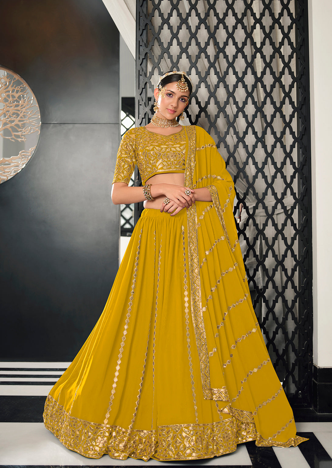 Yellow - White Haldi Designer Party, Wedding Wear Stylist Lehenga with  Floral Printed Blouse at Rs 1449 | Lehenga Choli in Surat | ID:  2850761698355