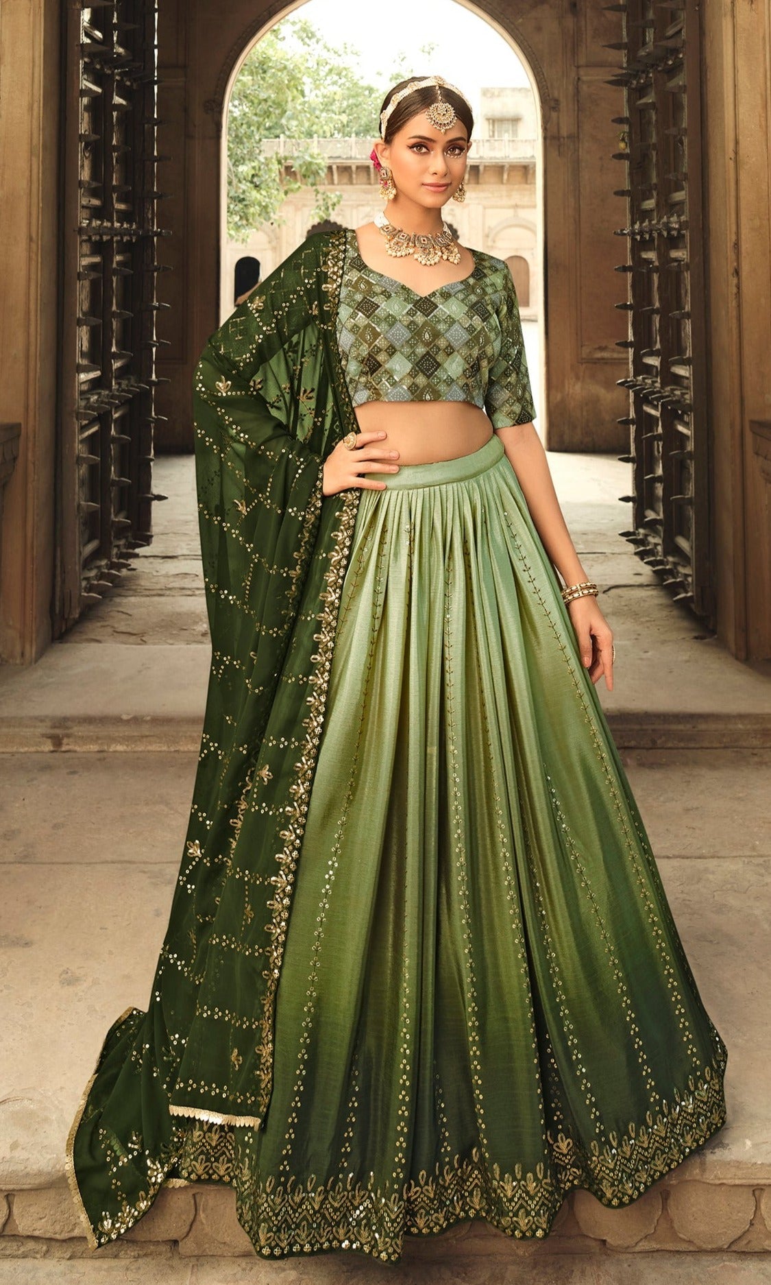 Party Wear Pista Green To Olive Multi Color Sequince Embroidered Lehenga  Choli - VJV Now - India