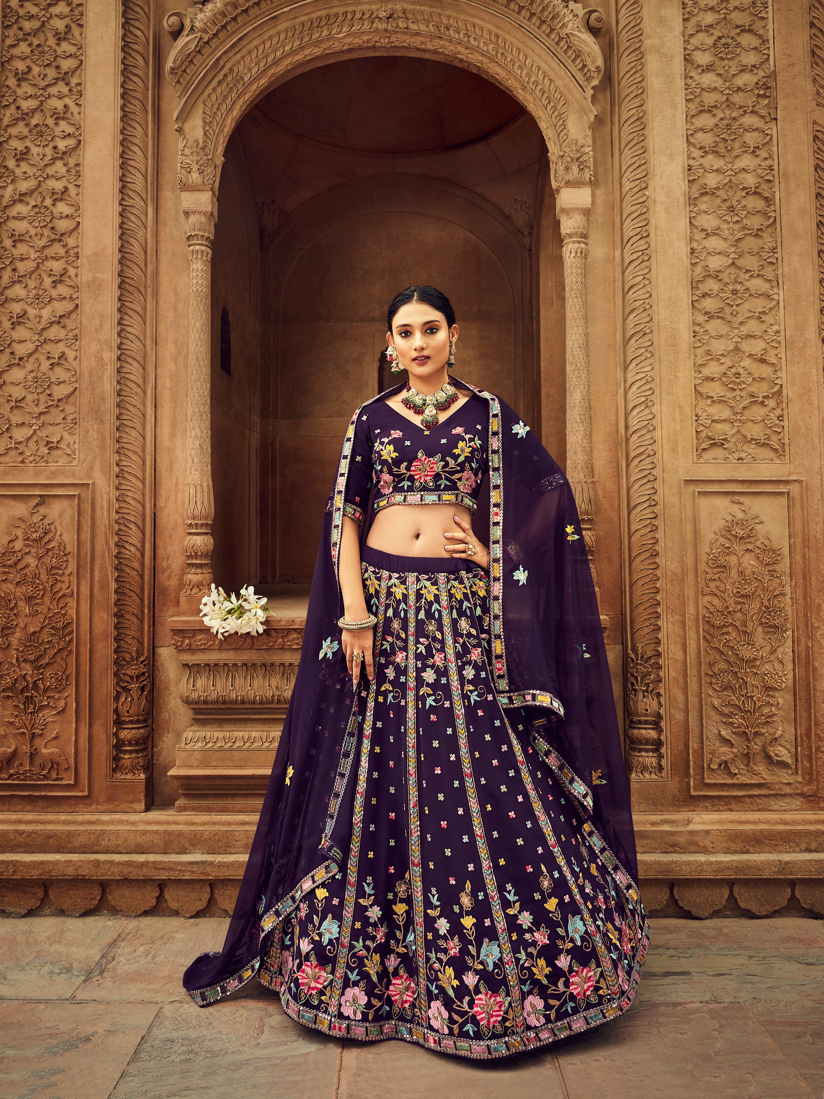 Buy Flamingo Pink and Purple Imperial Patterned Bridal Lehenga Online in  India @Mohey - Mohey for Women