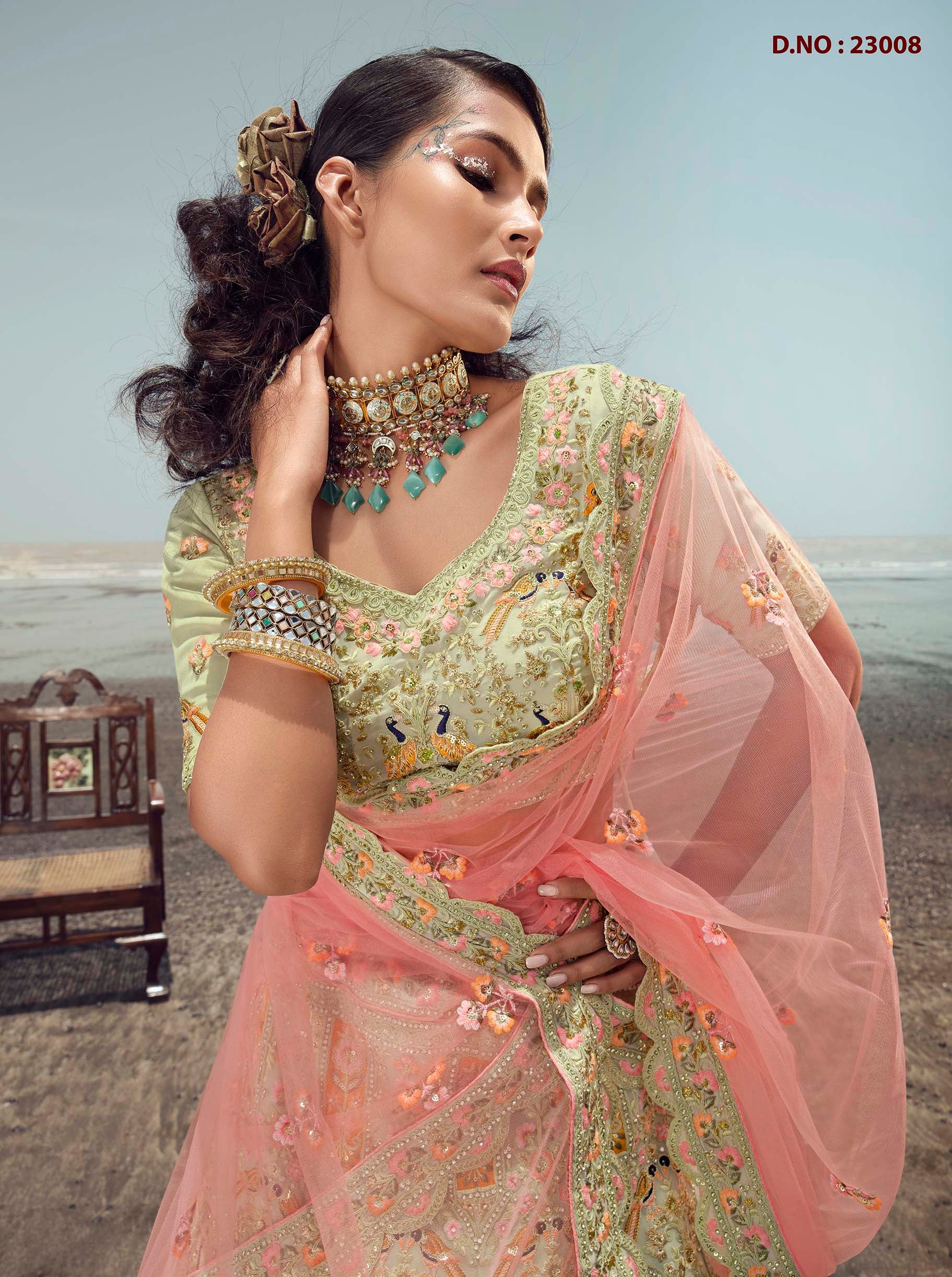 Sea Green Dori Embroidered Silk Bridal Lehenga Choli With Peach Dupatta at  Rs 3100 | Bridal Silk Lehenga in Surat | ID: 21908144348
