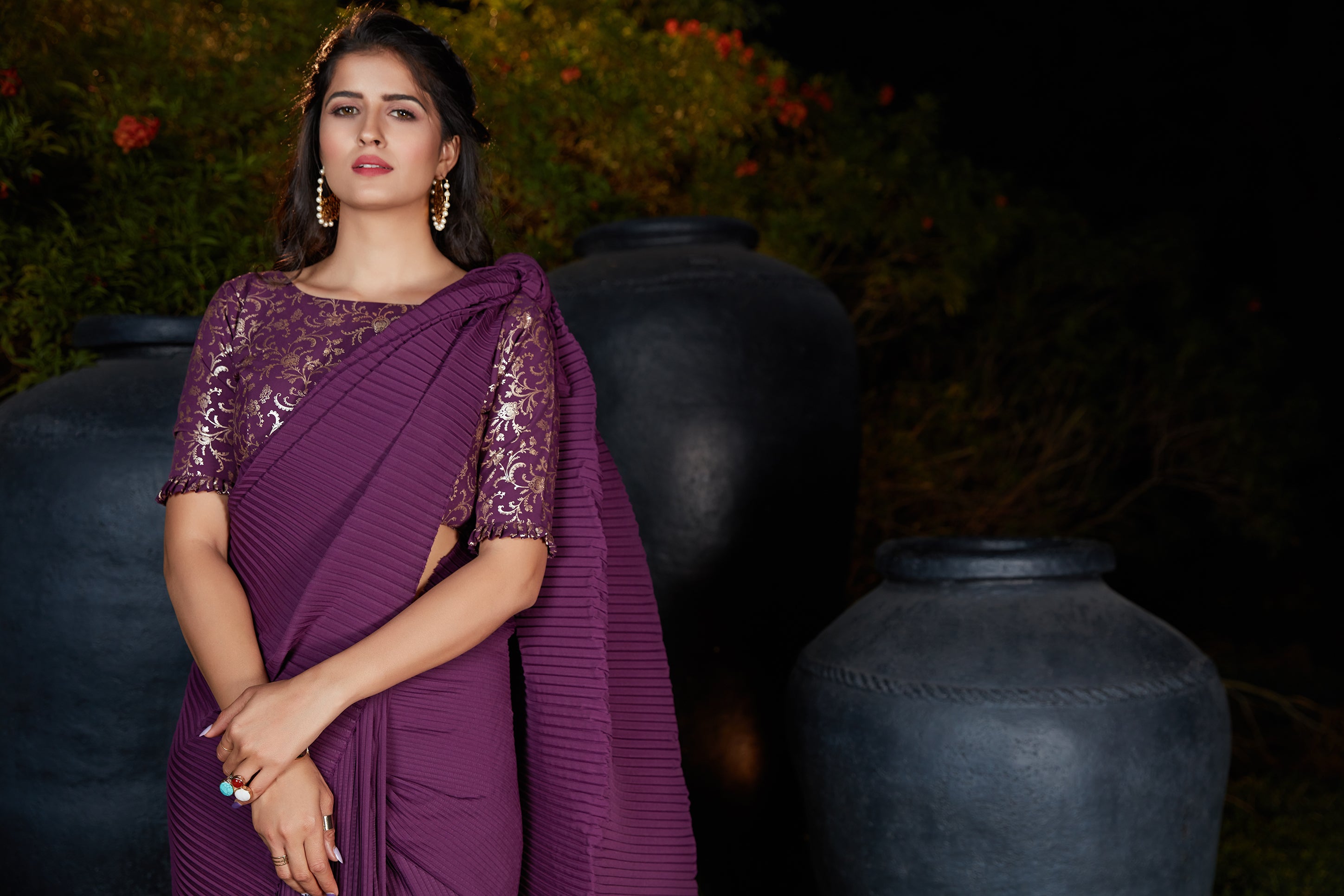 Light Purple Organza Saree with Wine Border – kreationbykj