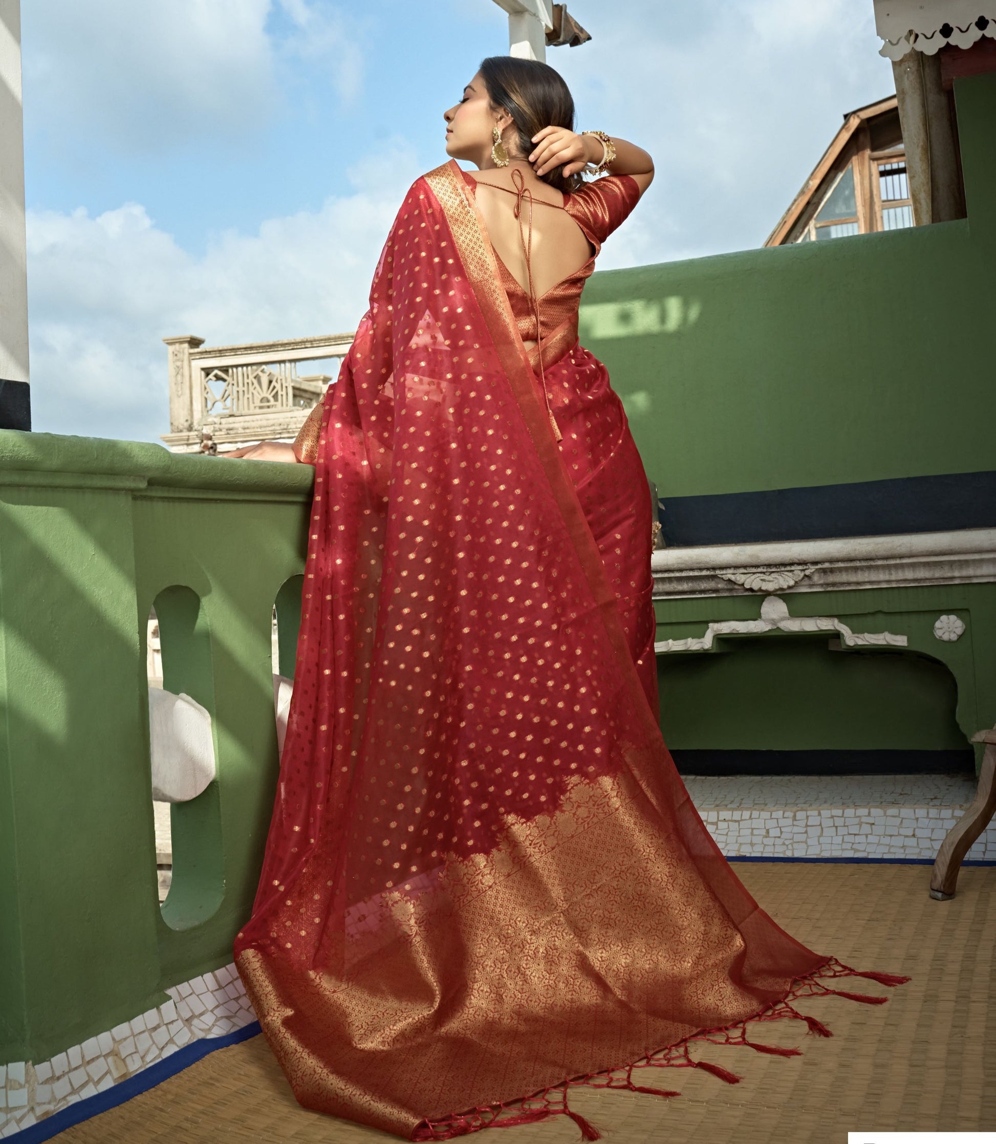 red and golden silk saree - Joshindia