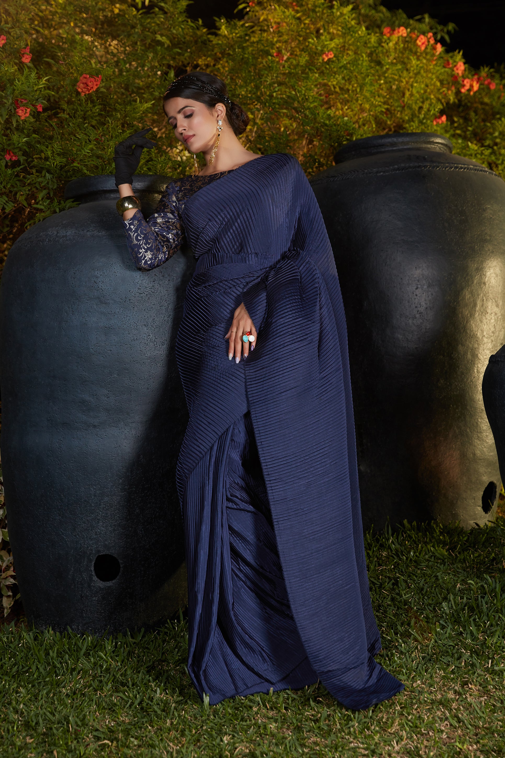 Buy Navy Blue color Pleated Saree With Blouse online - Joshindia