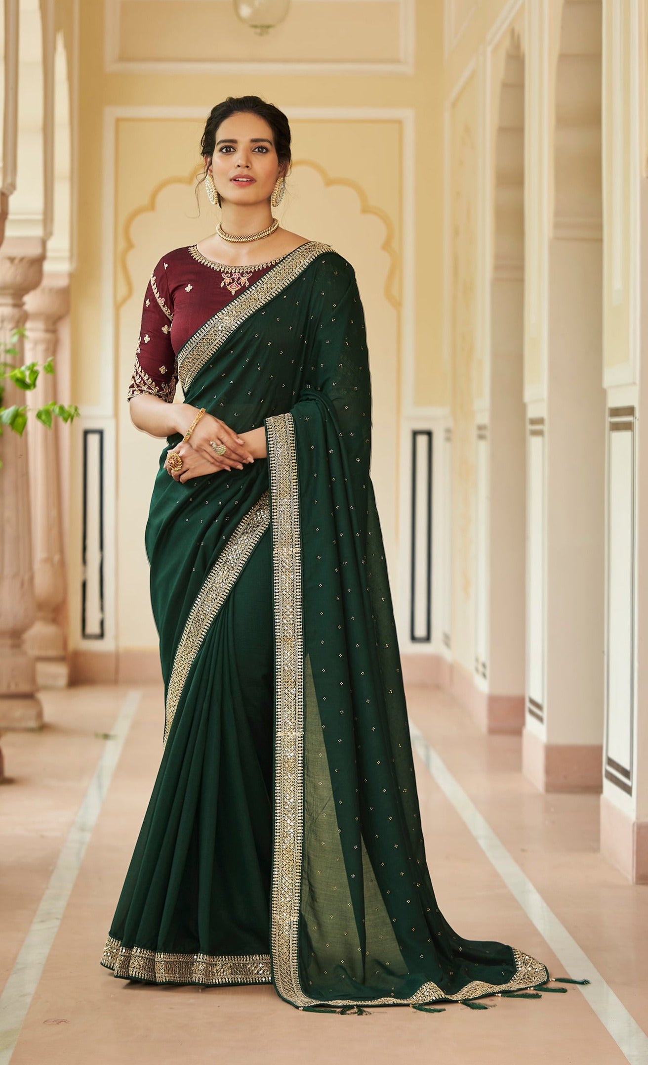 Vishal Prints Khaki Green Art Silk Saree With Embroidery Work And Tass