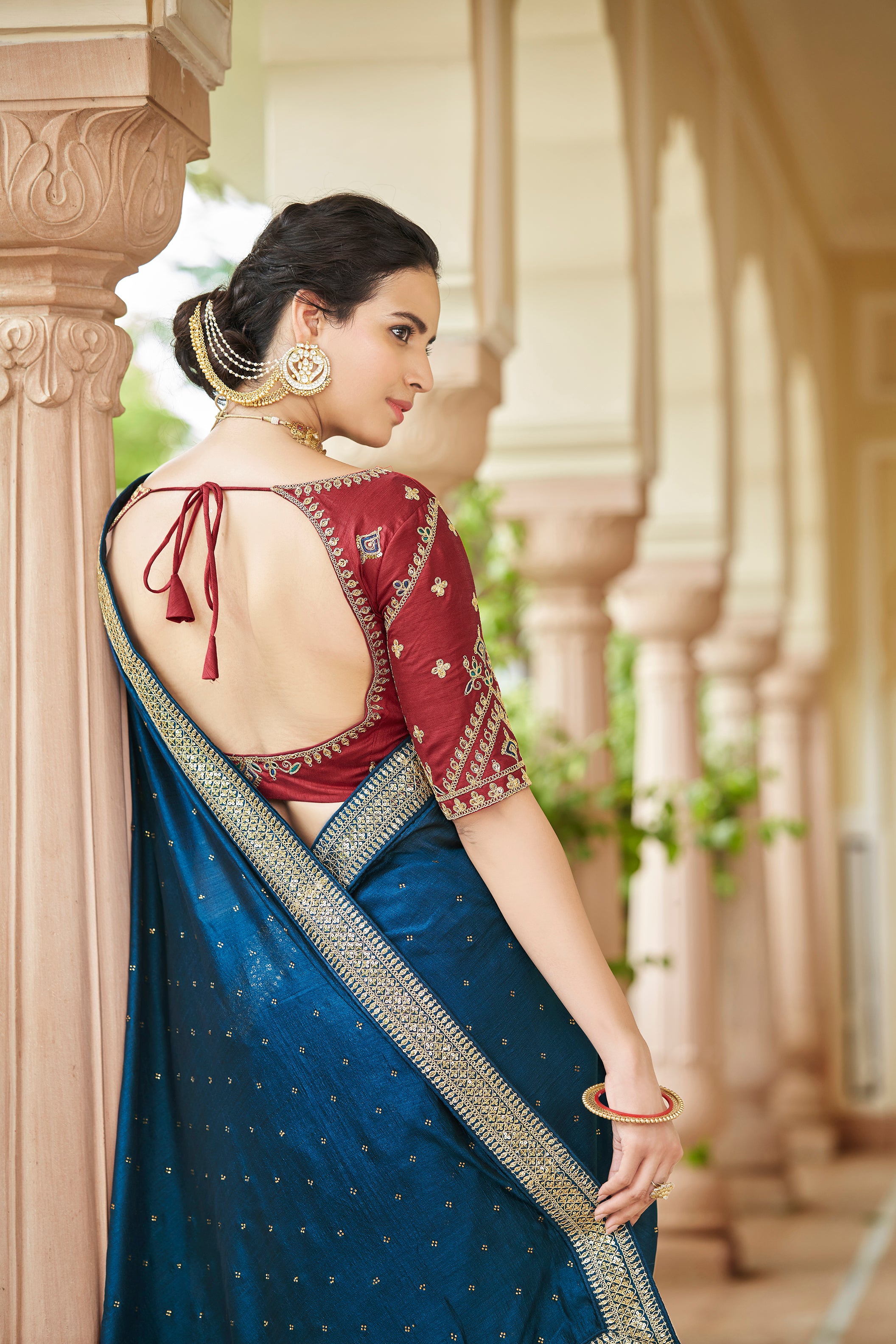 Teal Blue Embroidered Saree – Lashkaraa