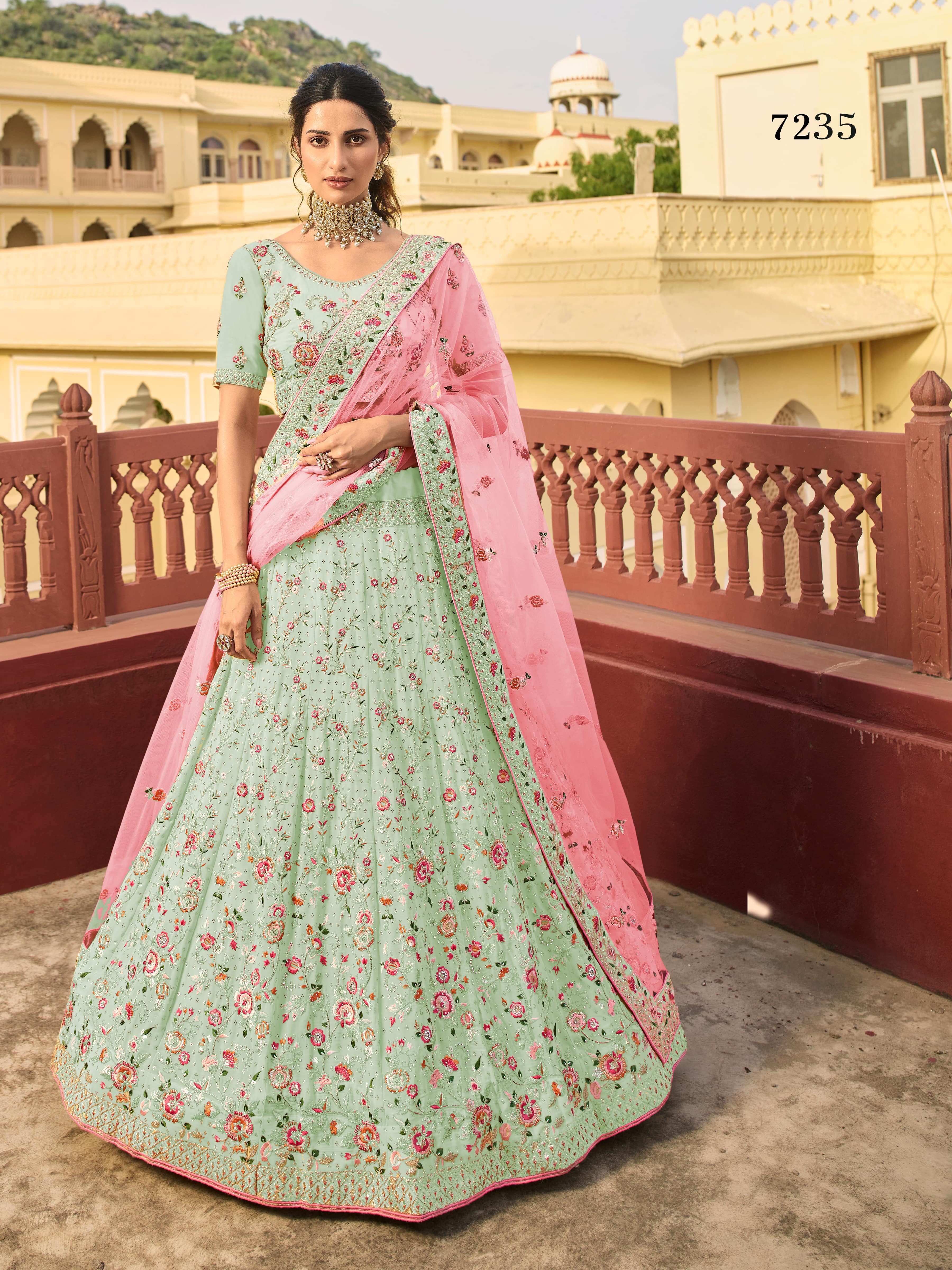 Wedding Wear,Party Wear Semi Stitched Green Floral Designer Lehenga Choli,  2.5 M at Rs 6000 in Surat