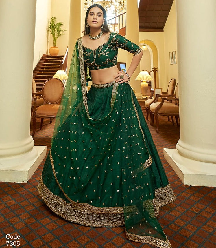 Dark Green Color Designer Bridal Readymade Lehenga Choli With Embroidery  Work Lycra Fabric
