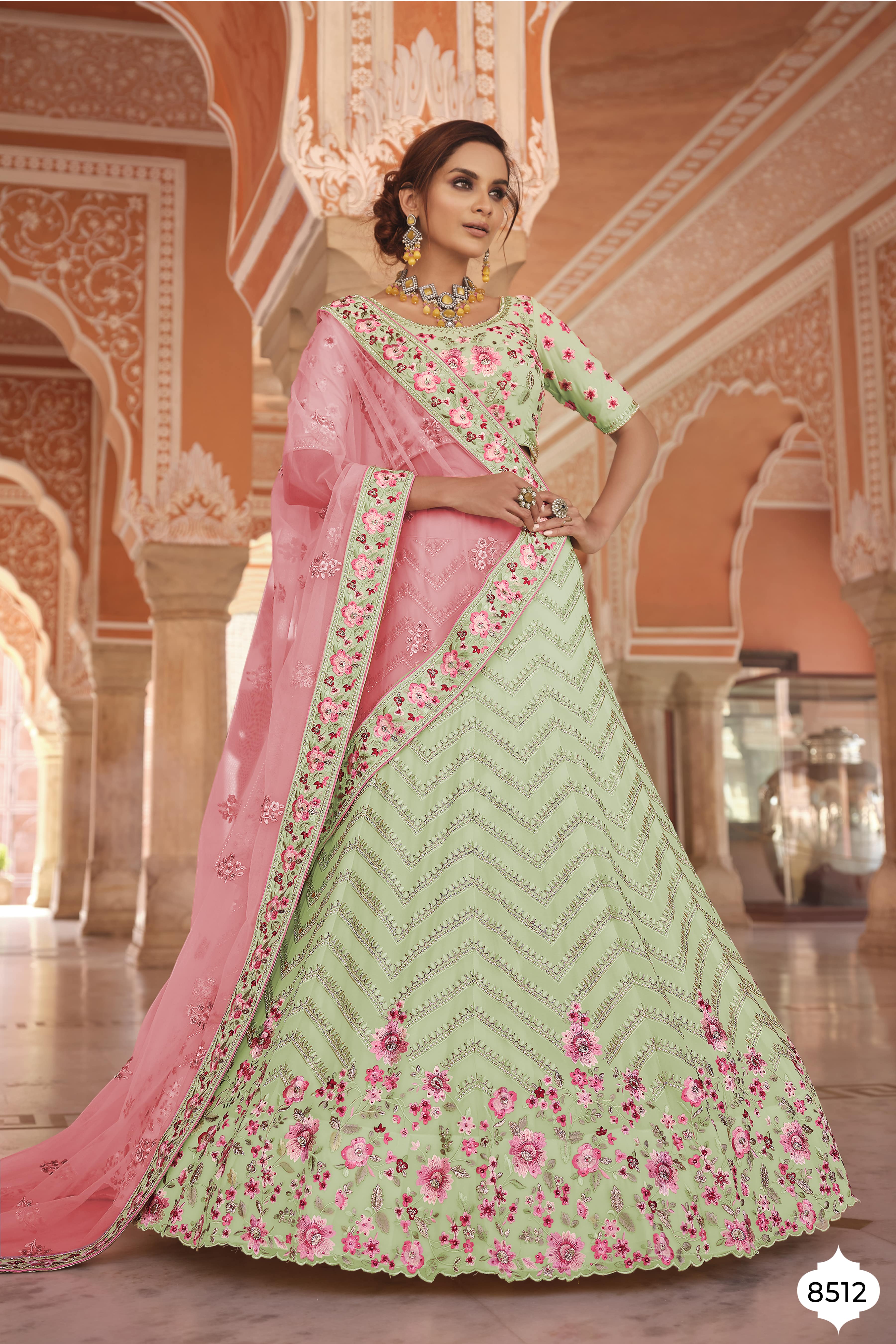 Buy Candy Pink and Light Green Lehenga Set by ABHINAV MISHRA at Ogaan  Online Shopping Site