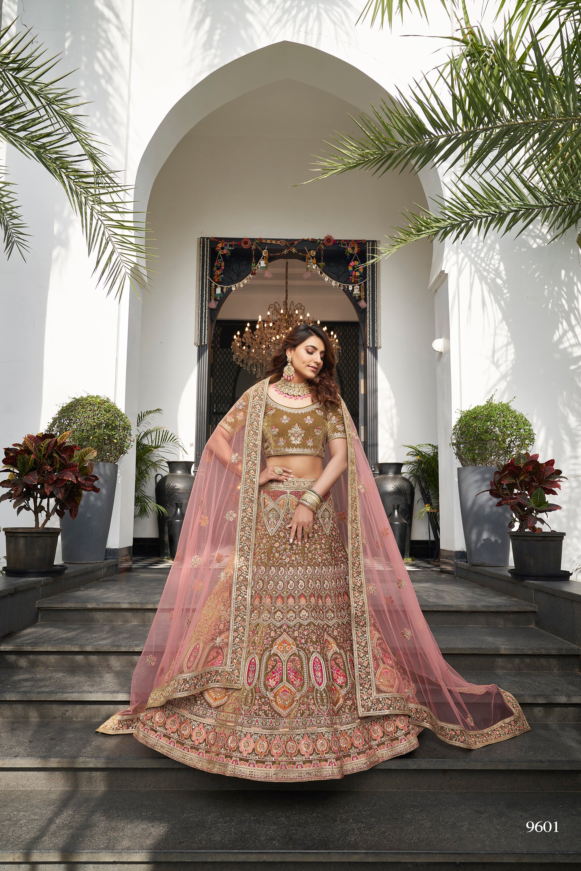 Olive Green Front Open Frock – Back Train Lehenga