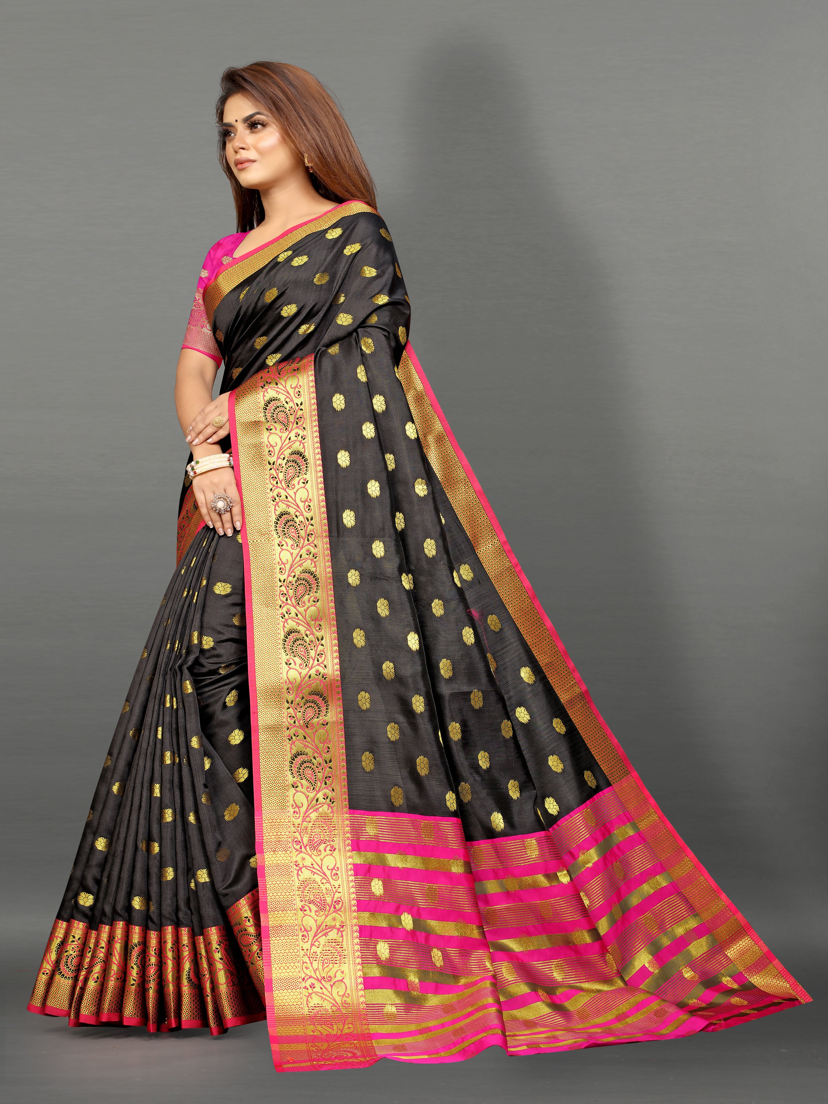 Black And Pink Banarasi Silk Saree With Blouse Piece - Naishu Trendz -  4149453